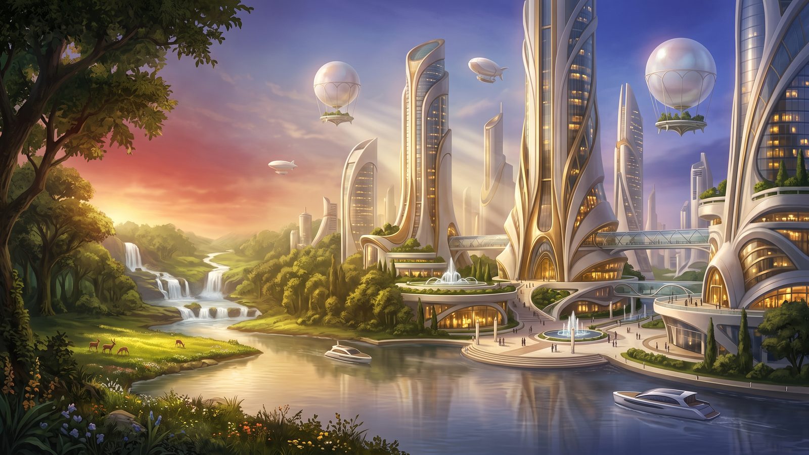 A utopian city of white and gold towers on a river, beside a green valley with waterfalls and grazing deer; balloons with gardens float above the city.