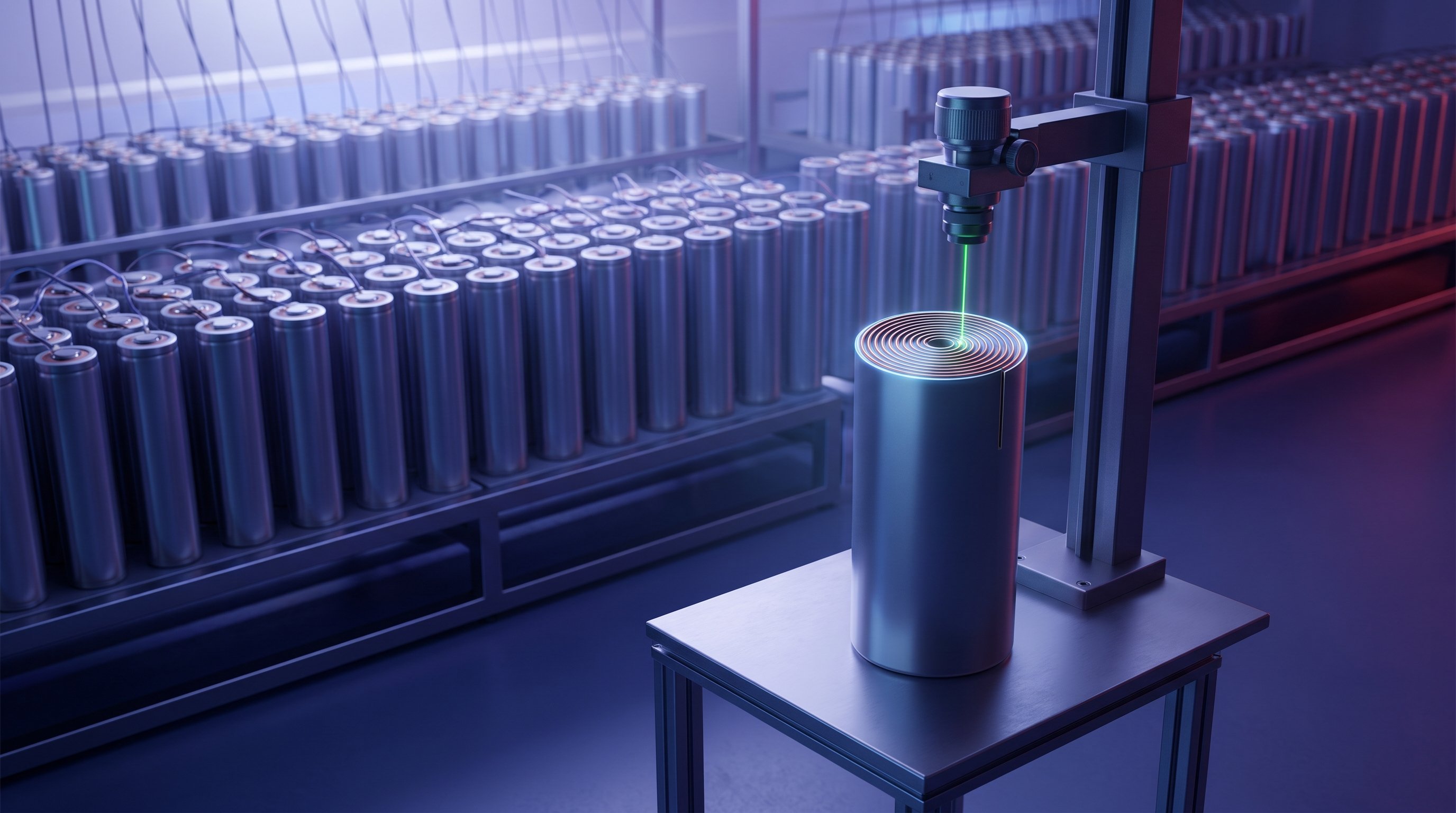 A cut-open cylindrical battery cell on a metal table, showing tightly rolled copper-coloured layers on top; a measuring head points a green laser at the centre. Behind it, racks full of battery cells attached to cables.