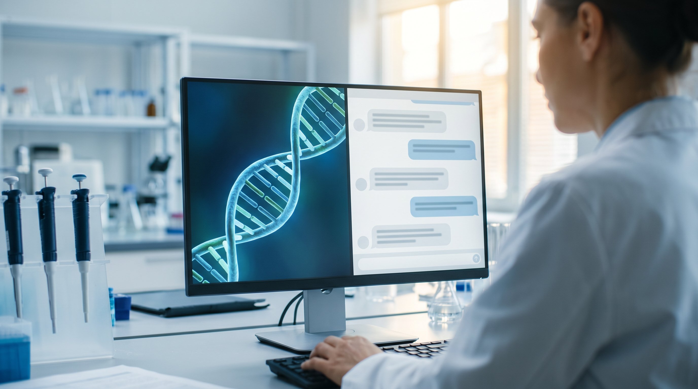 A researcher in a white lab coat works at a computer in a bright laboratory. On the left of the screen is a DNA double helix and on the right a chat window with speech bubbles. Pipettes stand on the workbench.