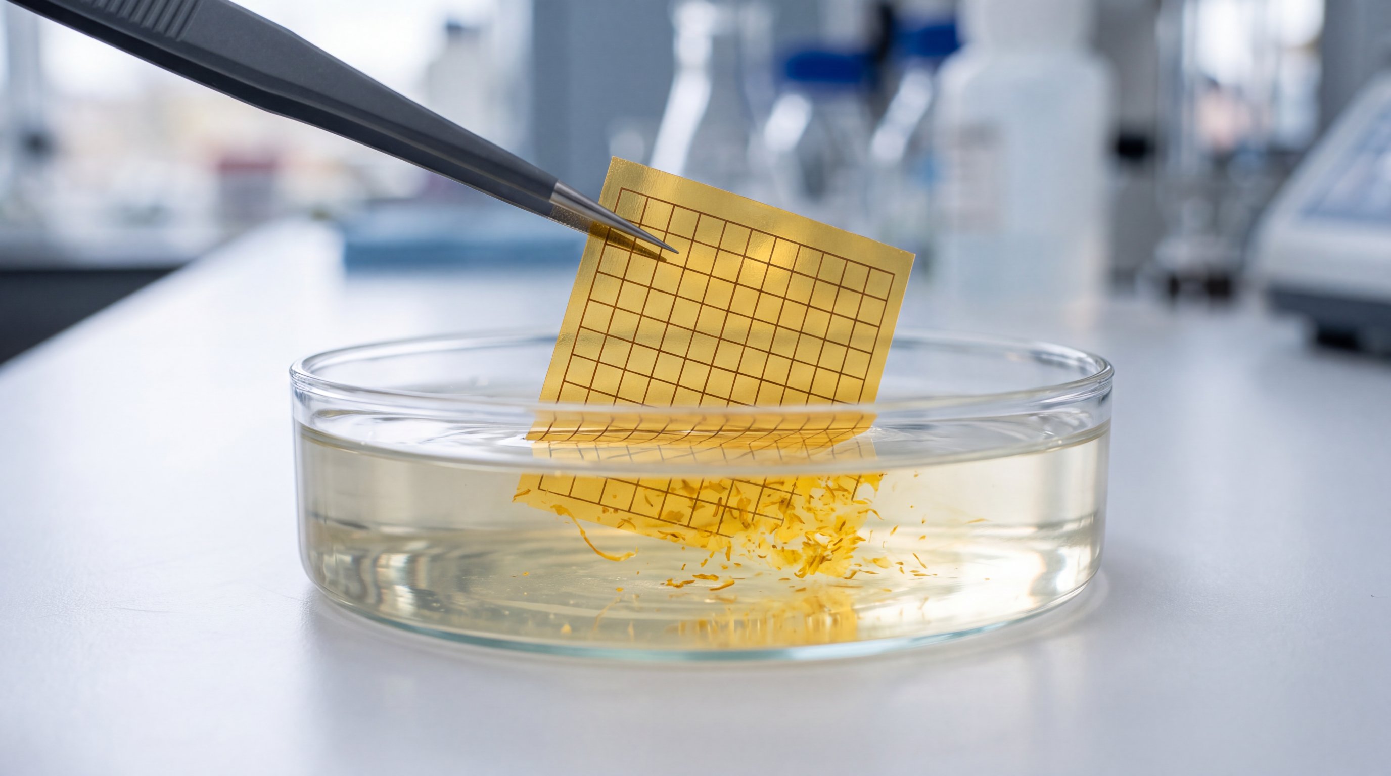 Dark precision tweezers lower a transparent yellow sheet with a fine grid into a glass dish of liquid. Under water, the sheet breaks up into small yellow flakes that dissolve.