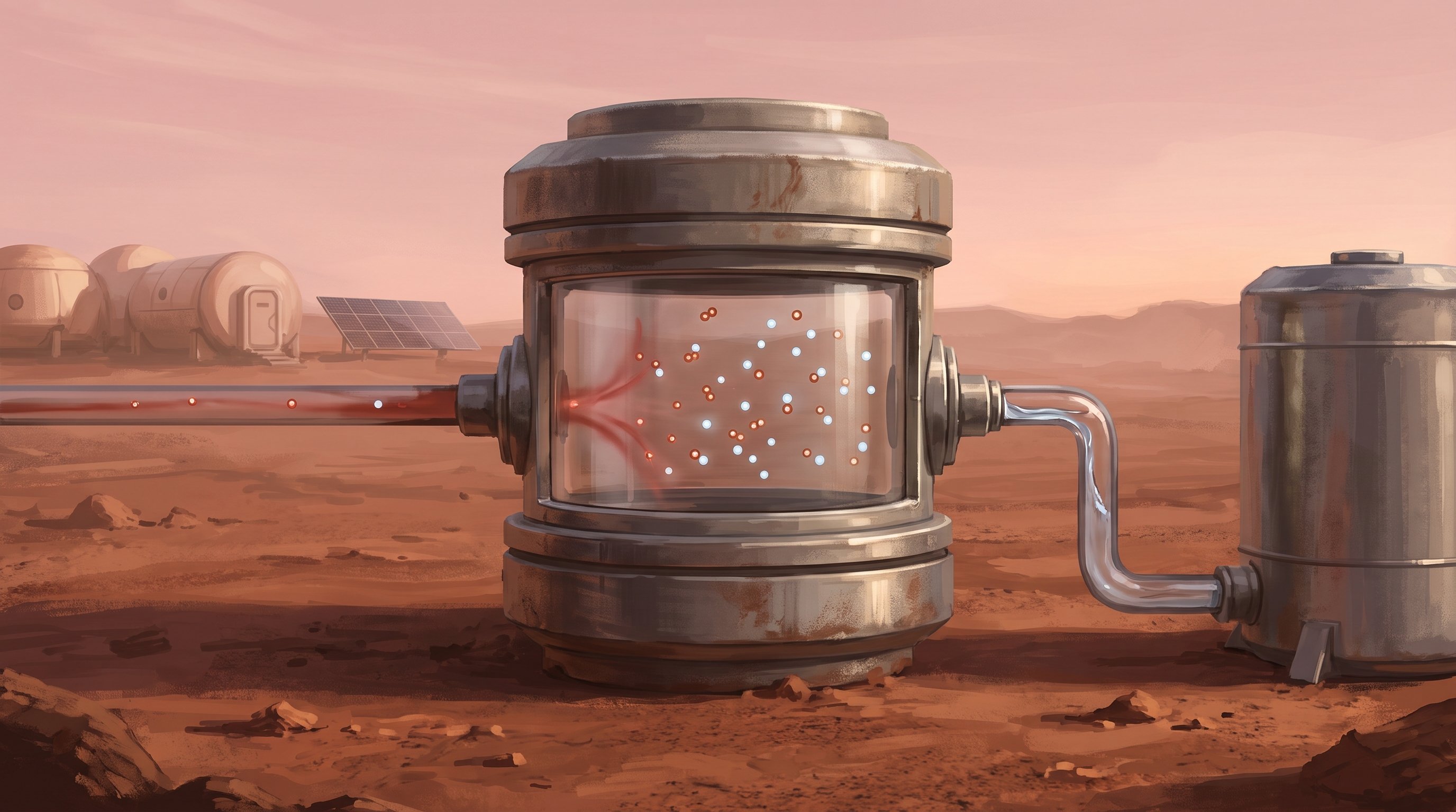 Metal reactor with a glass middle section on the red surface of Mars. On the left, red air flows in through a pipe, with orange and white dots floating inside. On the right, a pipe leads to a closed tank. Domed buildings and solar panels in the background.