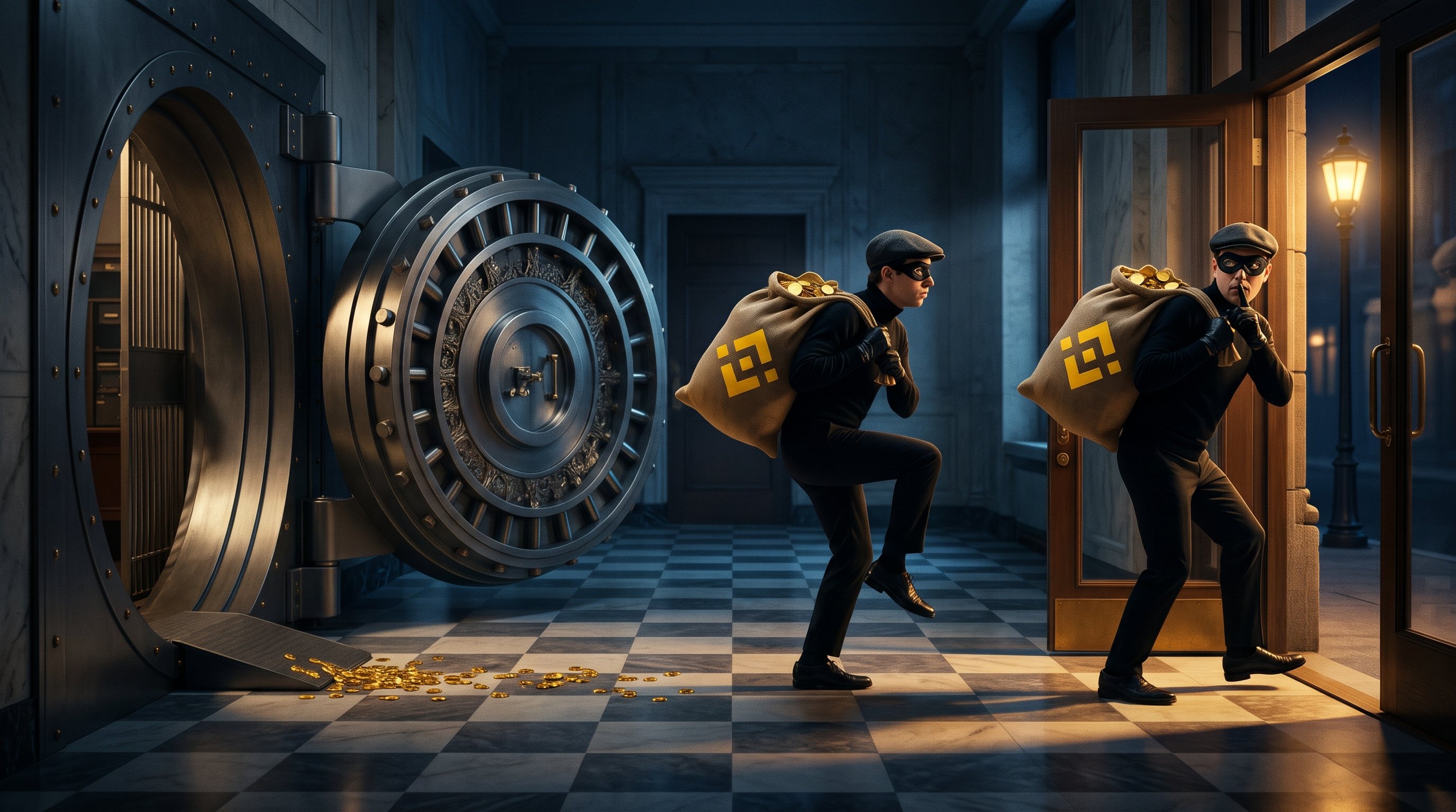 Two masked burglars tiptoe from an open bank vault towards the front door with jute sacks full of gold coins bearing the Binance logo; the one in front looks back and signals to keep quiet.