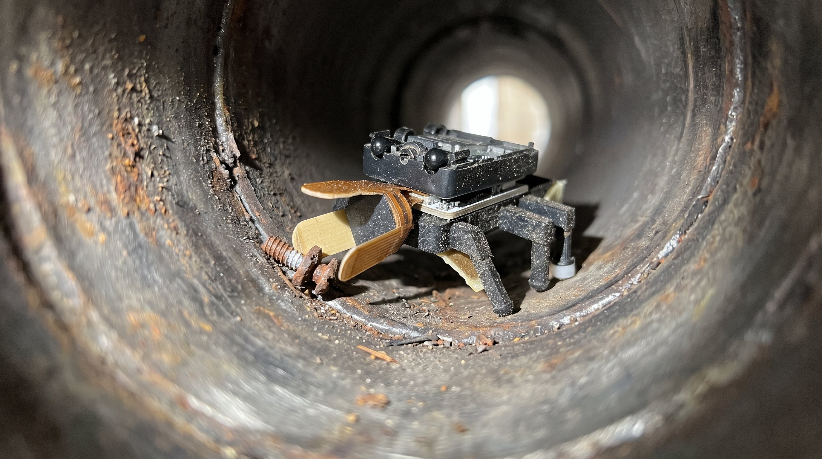 Small robot with a black frame, six legs and yellow gripper jaws picking up a rusty bolt in a narrow, rusted metal pipe
