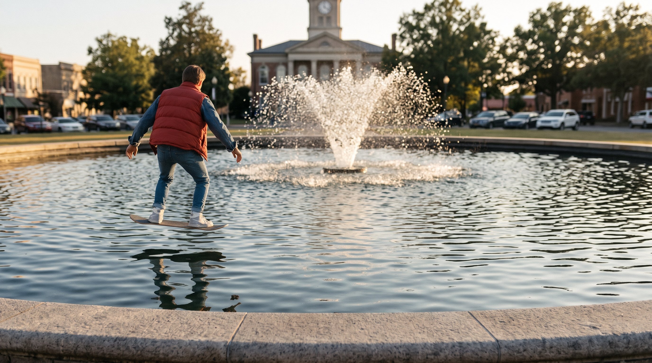 A young man in a red puffer vest and jeans, seen from behind, floats on a wheel-less board above a pond with a fountain in a village square with a clock tower.