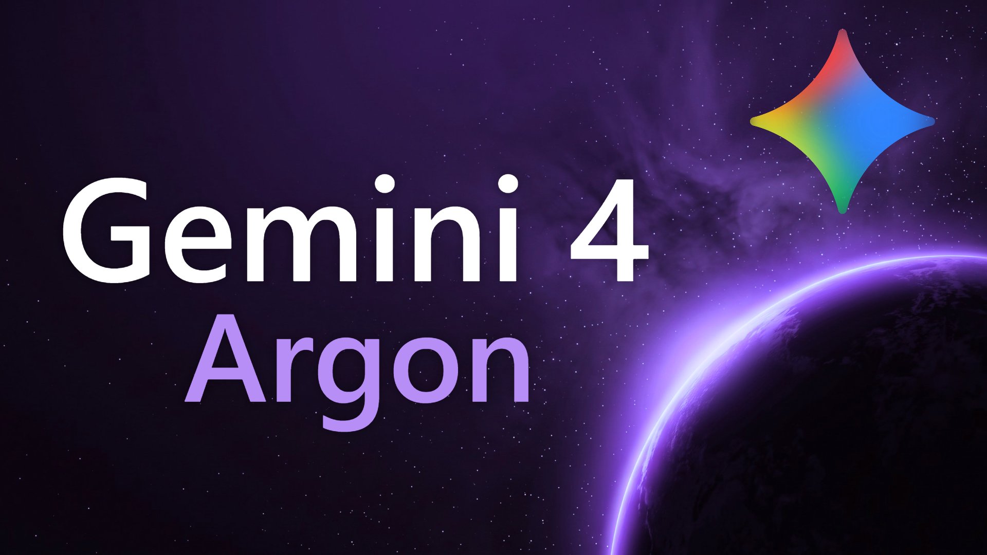 Title card with the words "Gemini 4 Argon" in white and lilac letters on a purple starry background, with the multicoloured Gemini star at top right and the glowing edge of a planet at bottom right.