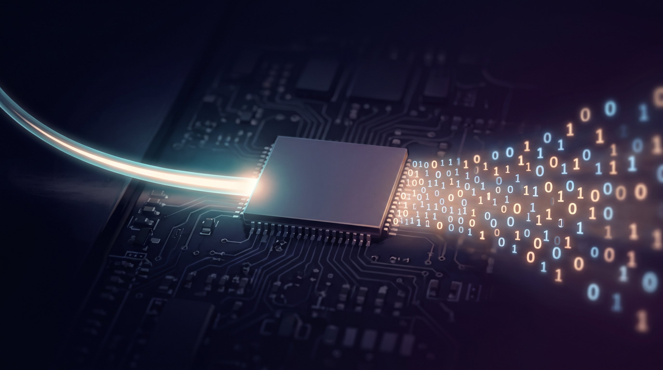 A thin layer of silicon with a pattern of tiny round holes on a dark chip. On the left, light pulses arrive fast and far apart, between the holes they pile up brightly, and on the right they continue into a thin optical fibre.
