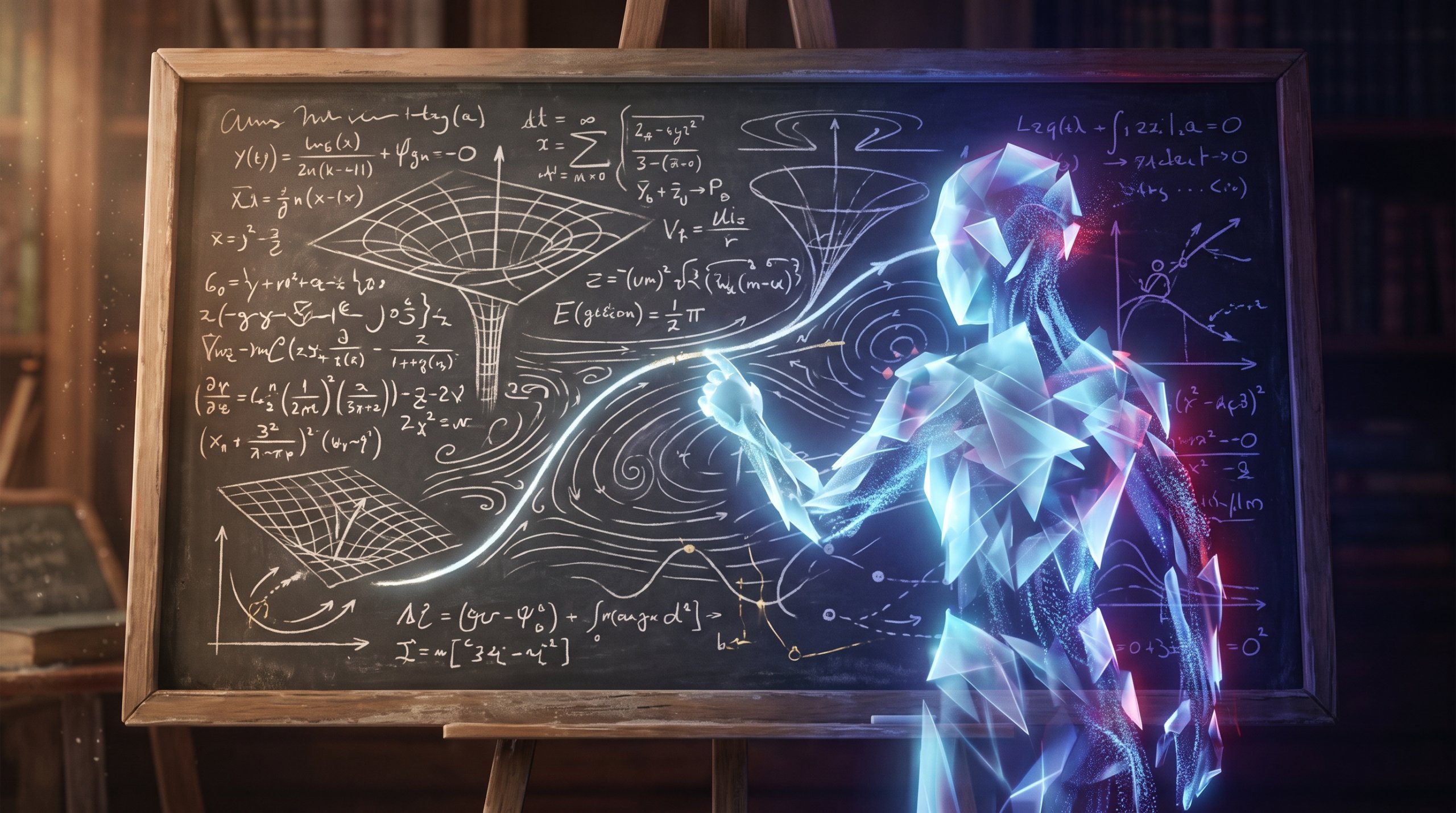 A large blackboard full of abstract formulas and sketches of flows and curved space, with a glowing geometric form of light in front of it that draws a bright line through the calculations.