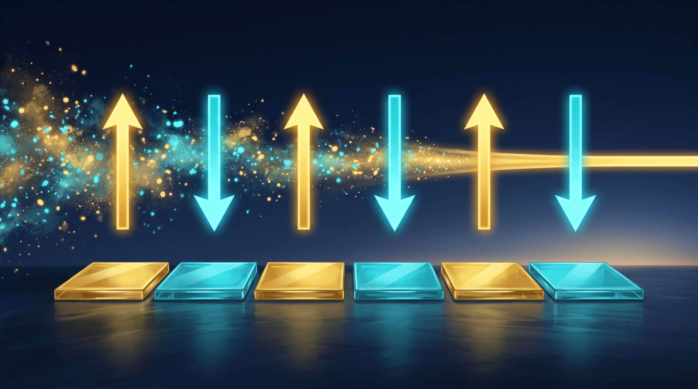 Six glowing arrows above a row of gold and blue tiles: the gold arrows point up, the blue ones down, in alternation. A cloud of gold and blue points of light passes alongside and turns into a single golden beam of light.