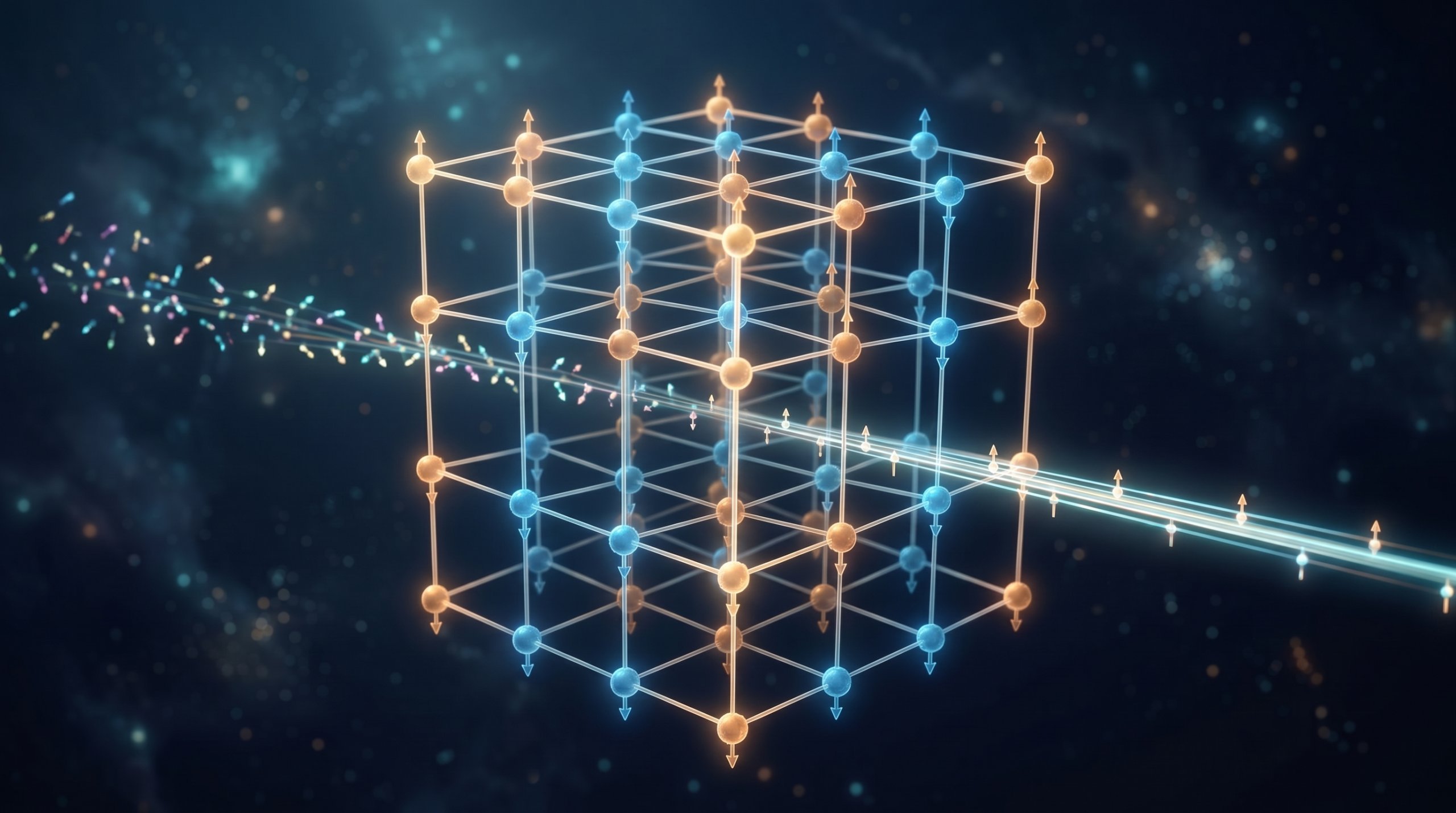 A glowing lattice of orange and blue spheres in dark space. A stream of multicoloured particles of light enters it on the left and leaves on the right as a single blue beam of light.