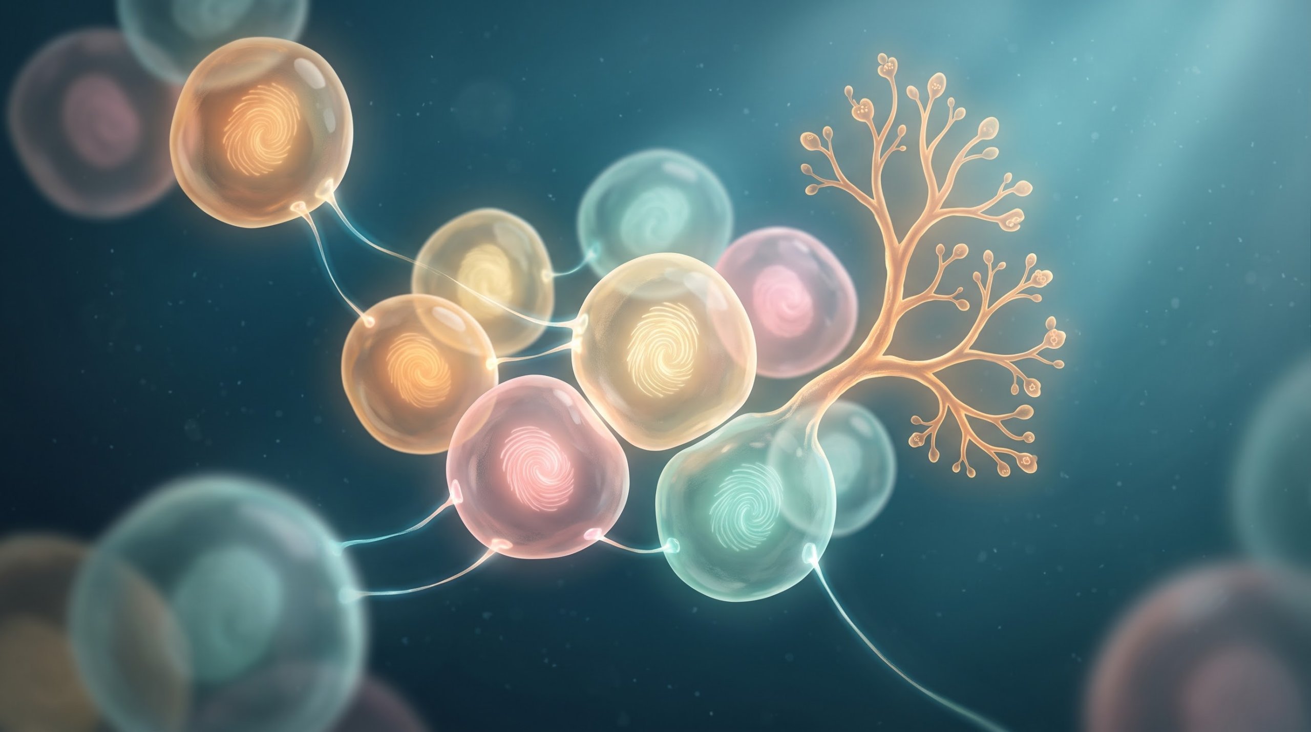 Translucent, softly glowing cells in orange, yellow, pink and green, each with a fingerprint pattern in the middle and connected by thin threads of light. On the right, a branched, lung-like little tree grows out of the cluster.