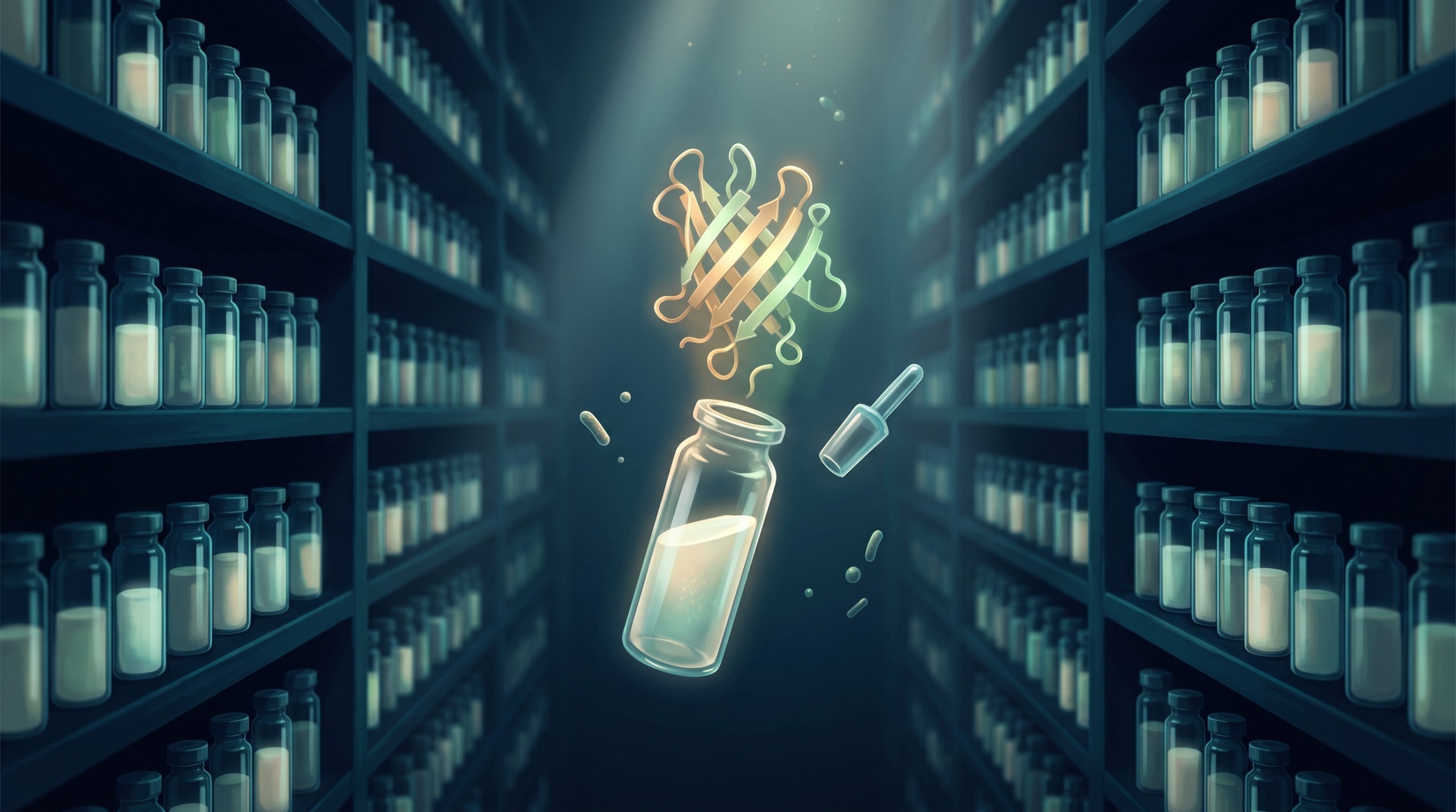 Between dark shelves full of glass sample tubes, one open tube floats in a beam of light, its stopper beside it; above it glows a twisted protein model, with small rod-shaped bacteria around it.