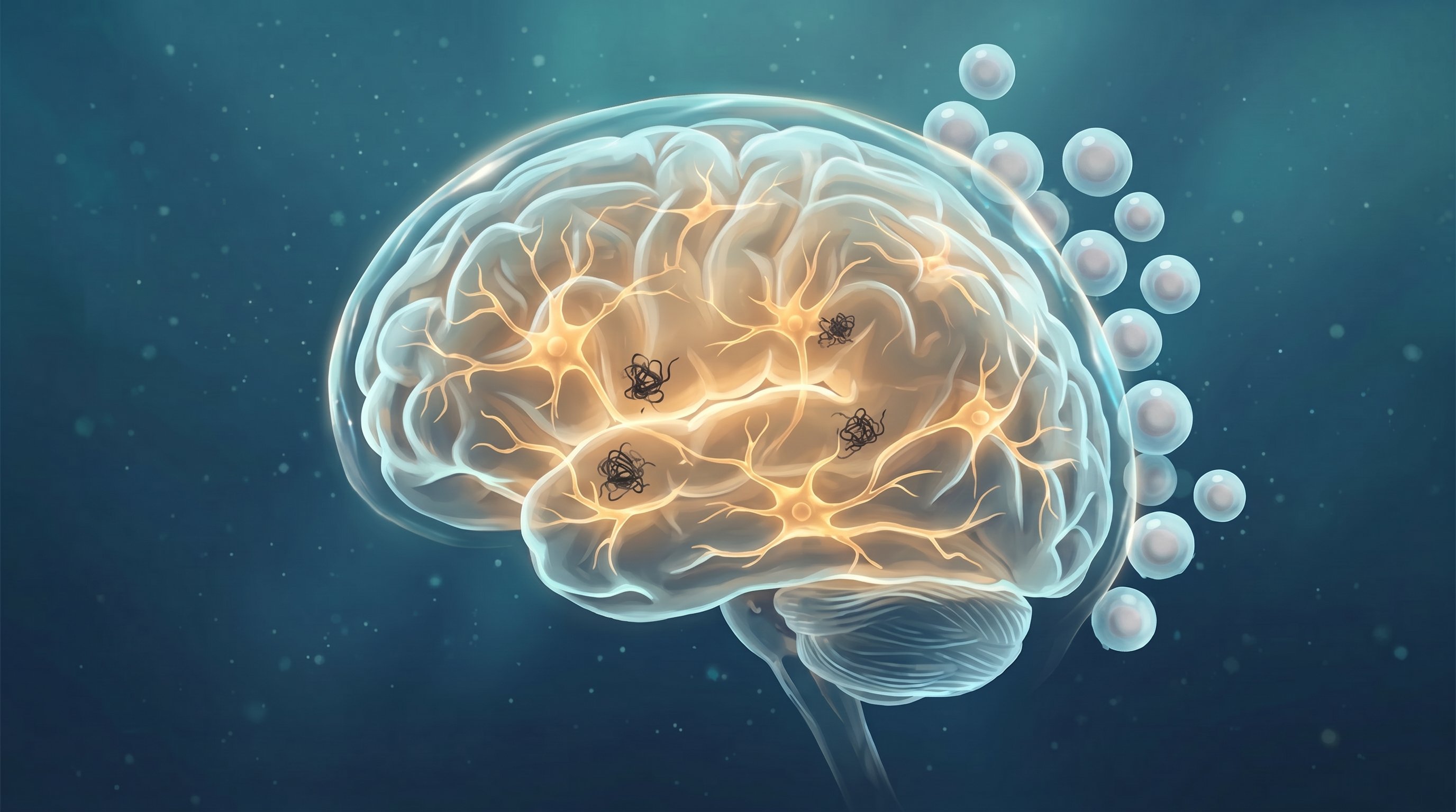 Transparent brain with gold-coloured nerve cells and four dark tangles. On the right, round pale cells with a nucleus lie against a shiny membrane around the brain, against a dark blue background.
