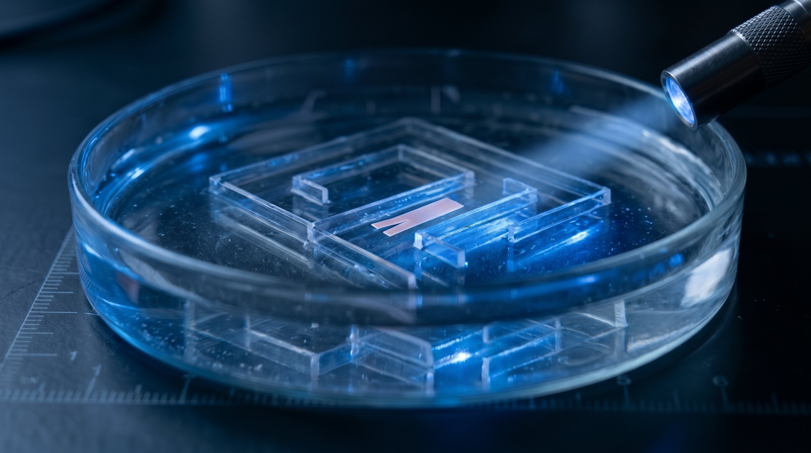 A paper-thin, translucent pink strip with two fins lies in the water of a large glass petri dish, between low transparent walls of a maze, in blue light.