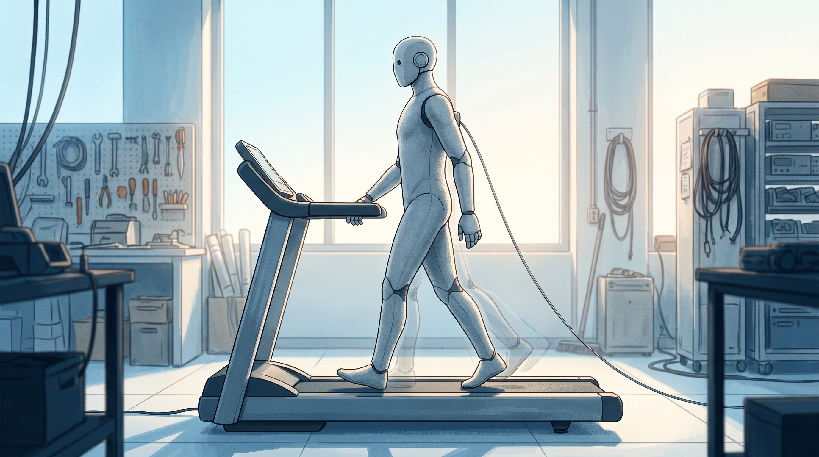 A grey humanoid robot walks on a treadmill in a bright workshop with large windows. A cable runs from its back to the floor and faint trails behind its legs show the movement. Tools and cables hang in the background.