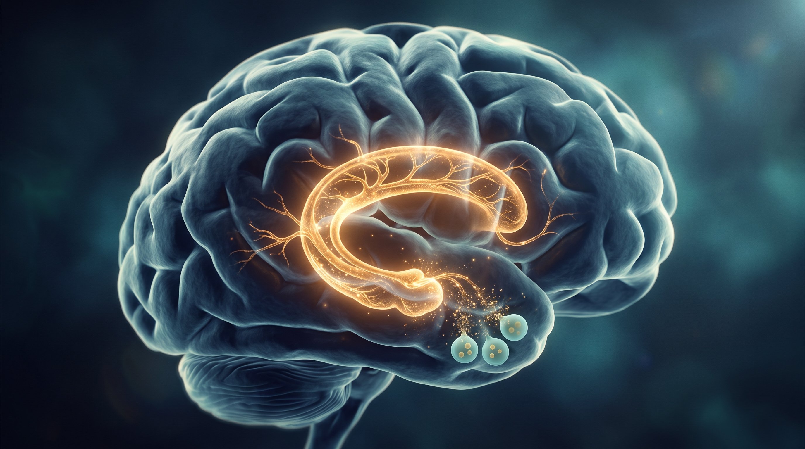 Human brain seen from the side against a dark blue background. Inside, a single golden, C-shaped curved tube with branching nerve cells glows. Golden particles flow to three round blue-green cells low in the brain, with yellow fat droplets inside.
