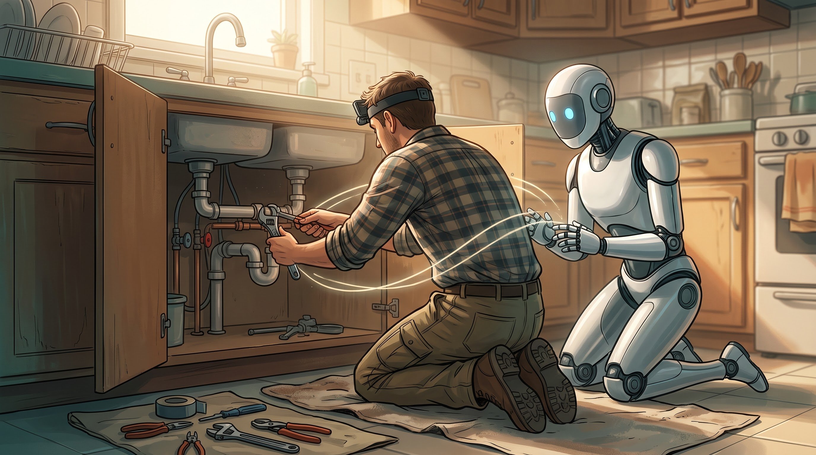 Drawing of a plumber with a camera on a headband kneeling at an open kitchen sink cabinet and tightening a pipe with a wrench, while a white humanoid robot kneels beside them and watches the plumber's hands closely.