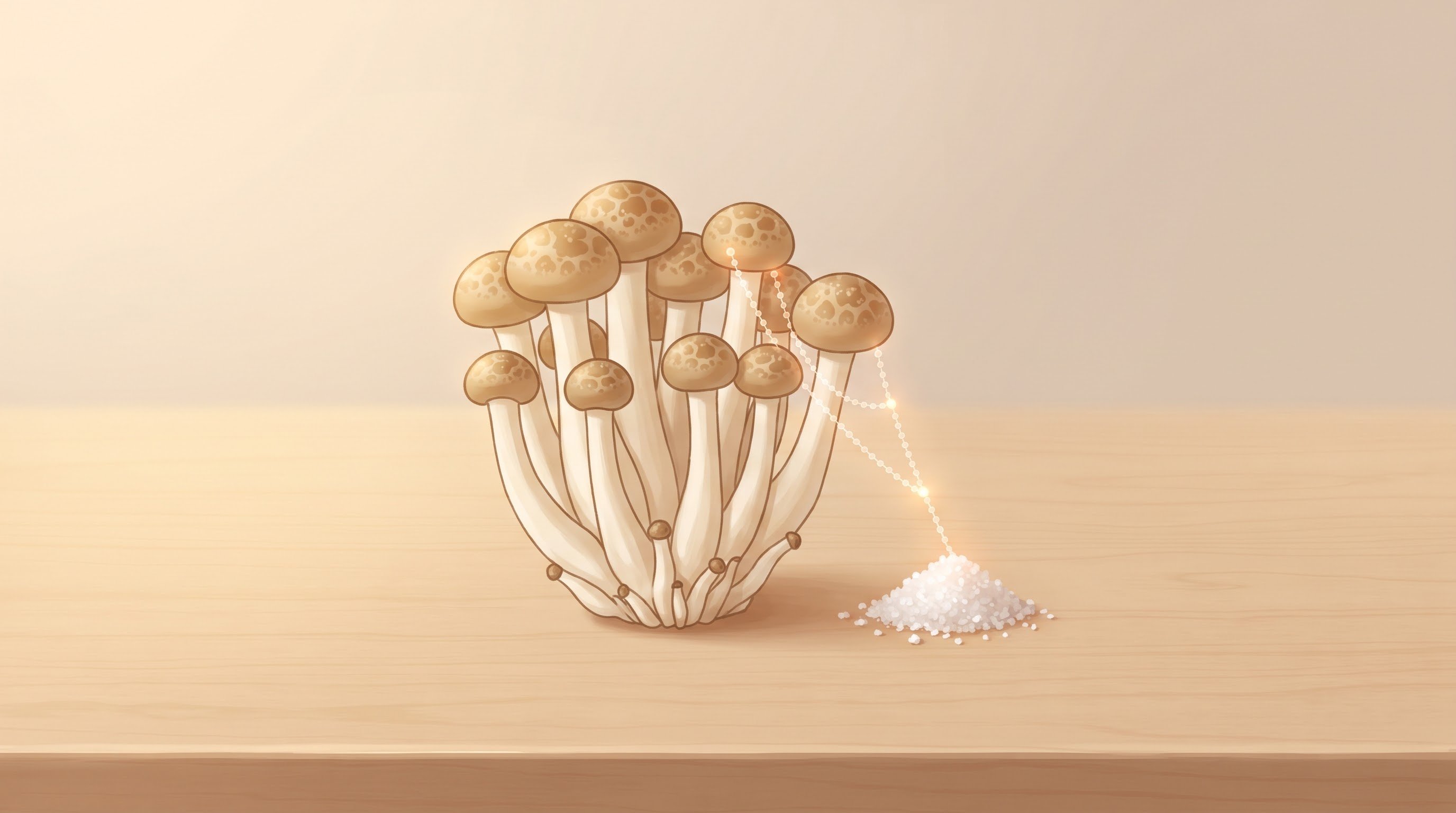 A cluster of beech mushrooms with light brown, marbled caps and long white stems on a wooden table. Thin, softly glowing chains of beads run from the caps to a small pile of coarse salt beside them.