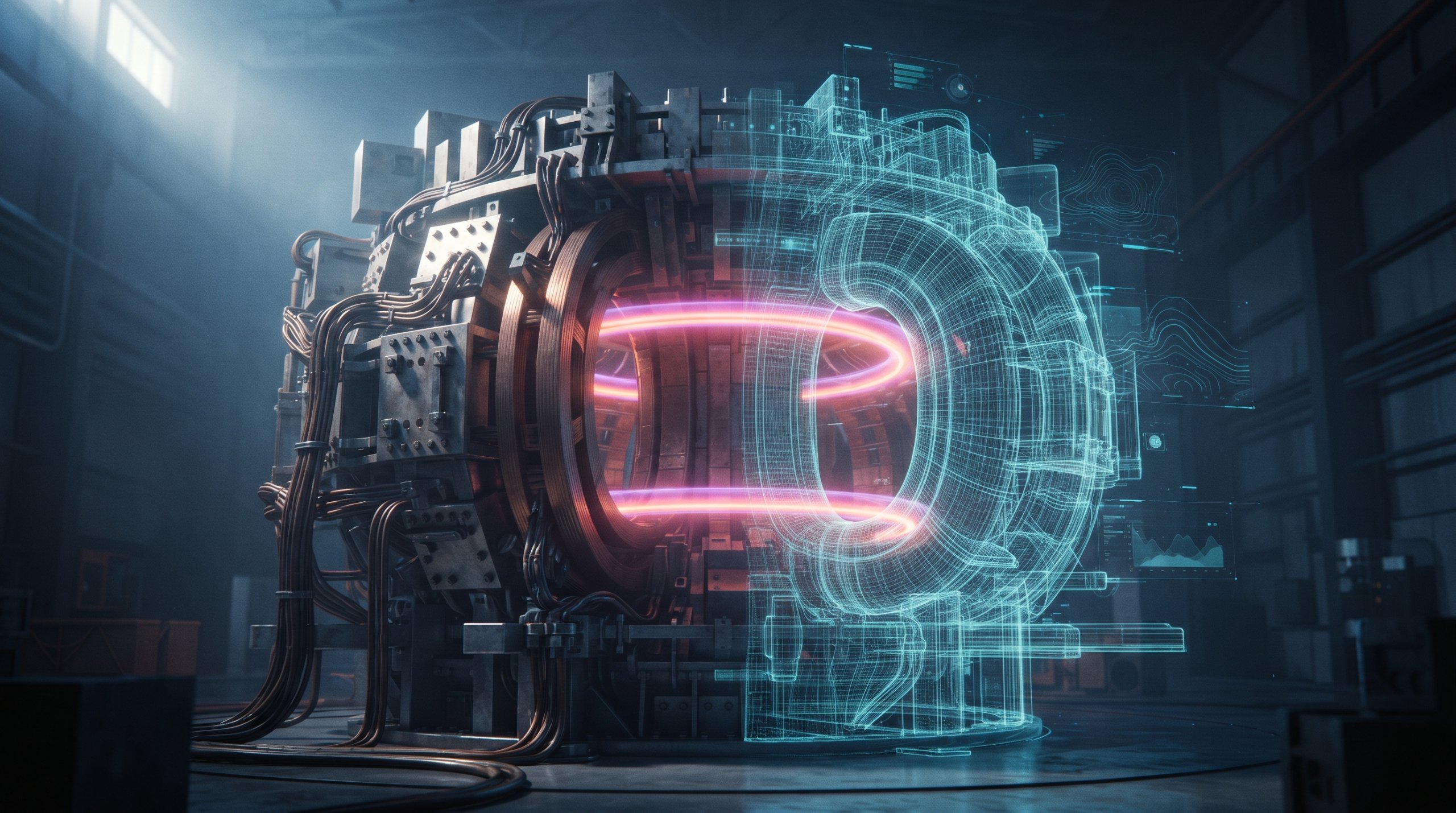 A tokamak fusion reactor, half as a real machine and half as a glowing digital wireframe model, with a glowing ring of plasma inside