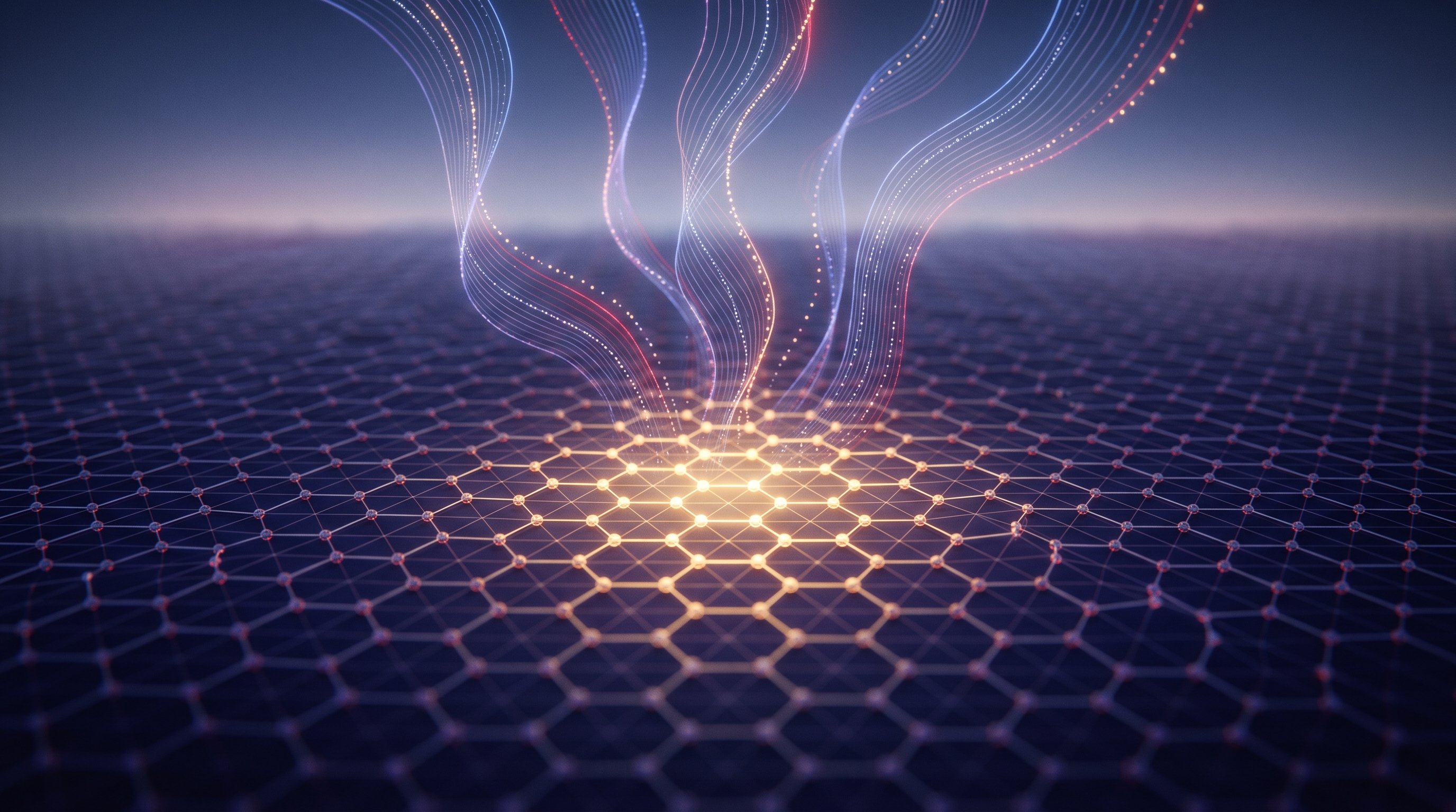 Luminous crystal lattice of glowing spheres and thin lines in the middle of a dark blue space, with wavy ribbons of light and dots flowing through it from the left and right.
