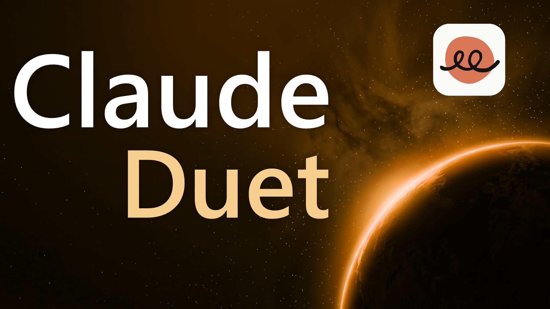 The words Claude Duet in white and light orange letters next to the app icon, an orange circle with a black curl, against a starry sky with a planet whose edge glows orange.