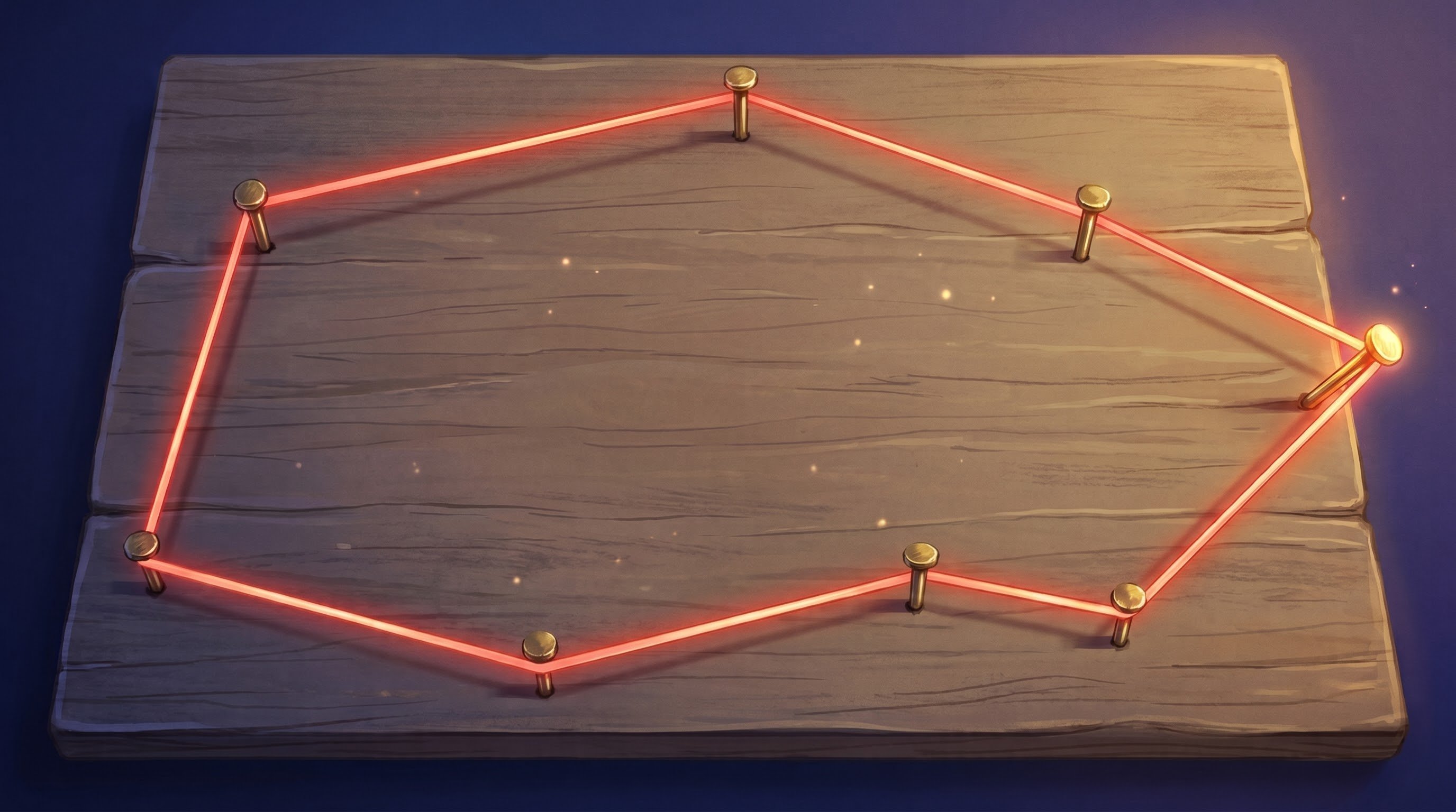 Wooden board with eight brass nails and a taut, glowing red rubber band around them in an angular shape. Small points of light float inside; the nail on the right lights up brightly and pulls the band out to a point.