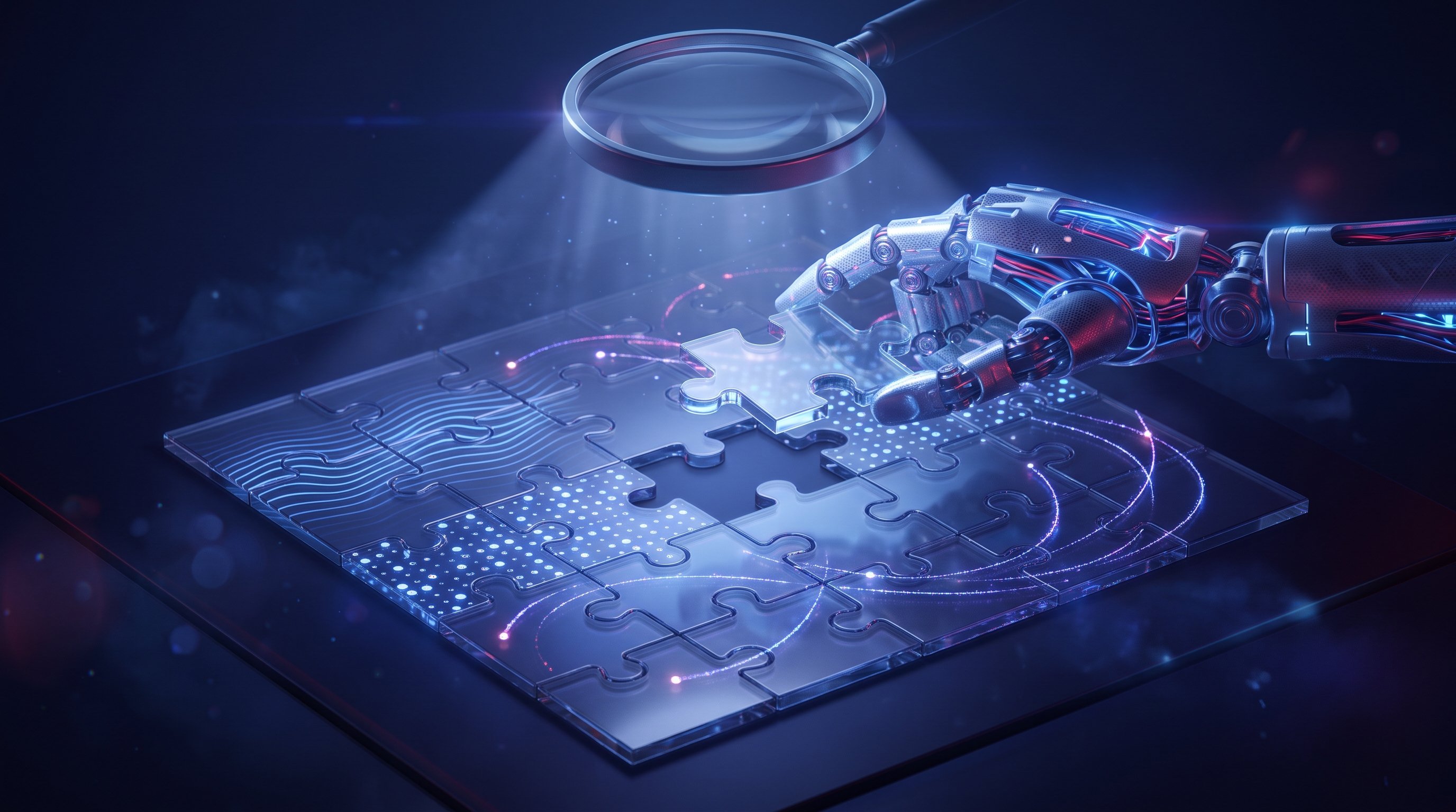 A robotic hand fits a glowing glass jigsaw piece into the last gap of a transparent puzzle board, under a large magnifying glass. Some pieces carry wave patterns and dots of light.