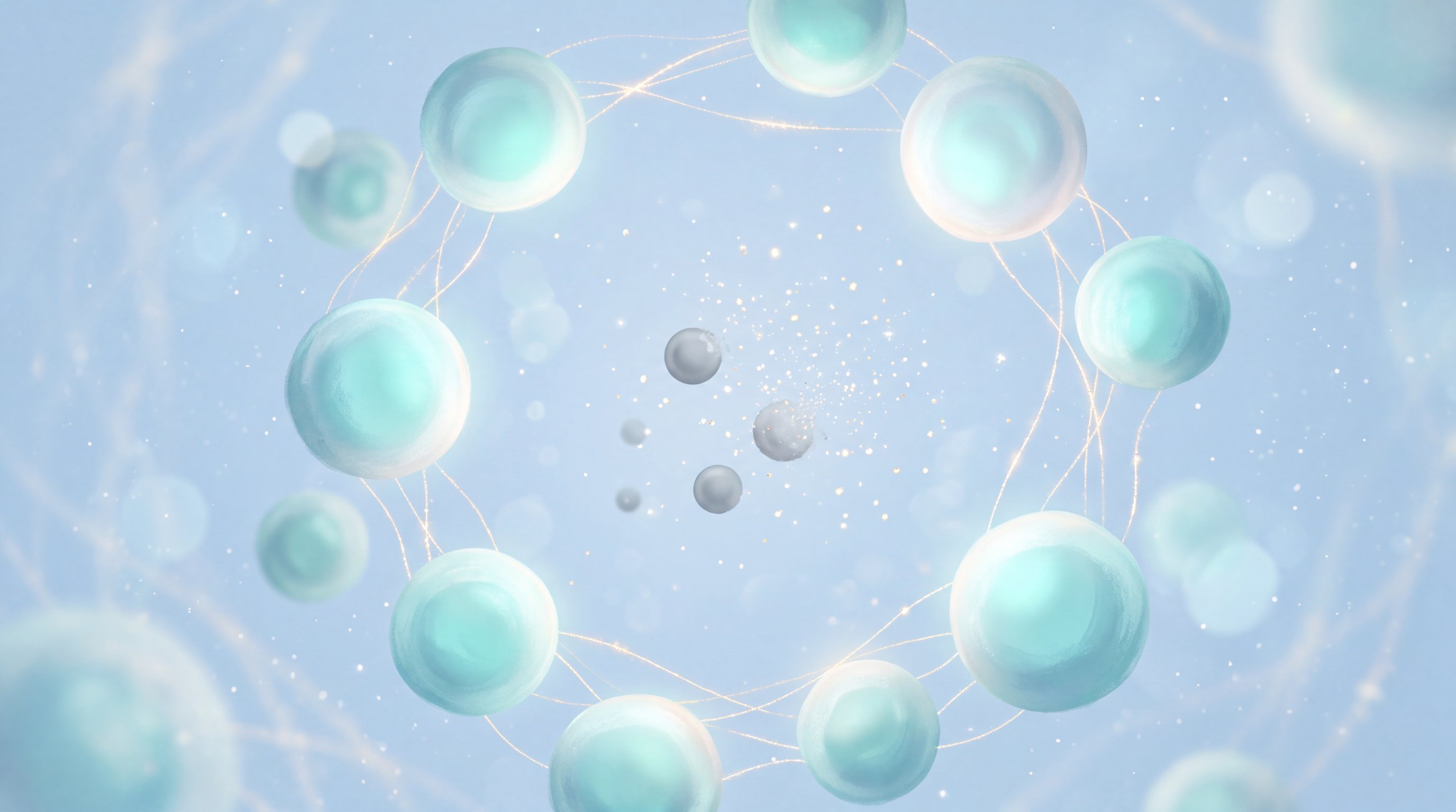 A ring of translucent aqua-blue spheres, connected by thin golden threads of light, around a few small grey spheres that break up into sparkling particles, against a soft light blue background.
