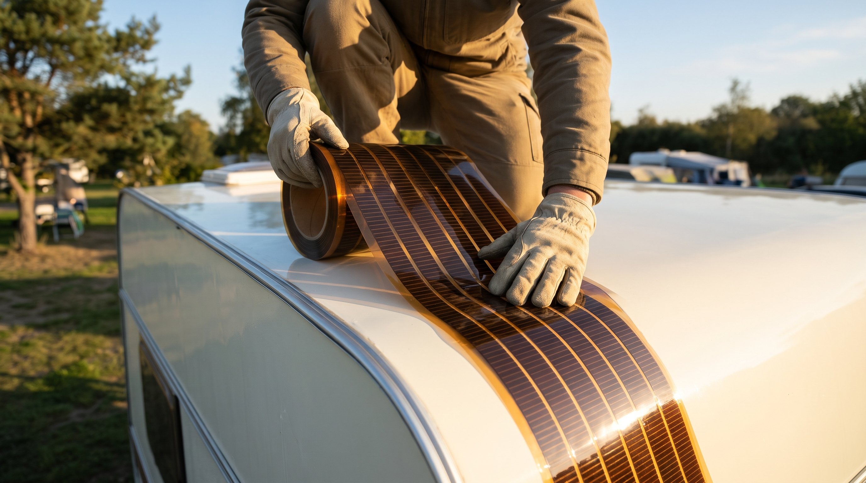 A person wearing light work gloves kneels on the roof of a clean, old-fashioned caravan and unrolls a copper-coloured film with rows of dark solar cells over the rounded roof edge, in low sunlight at a campsite.
