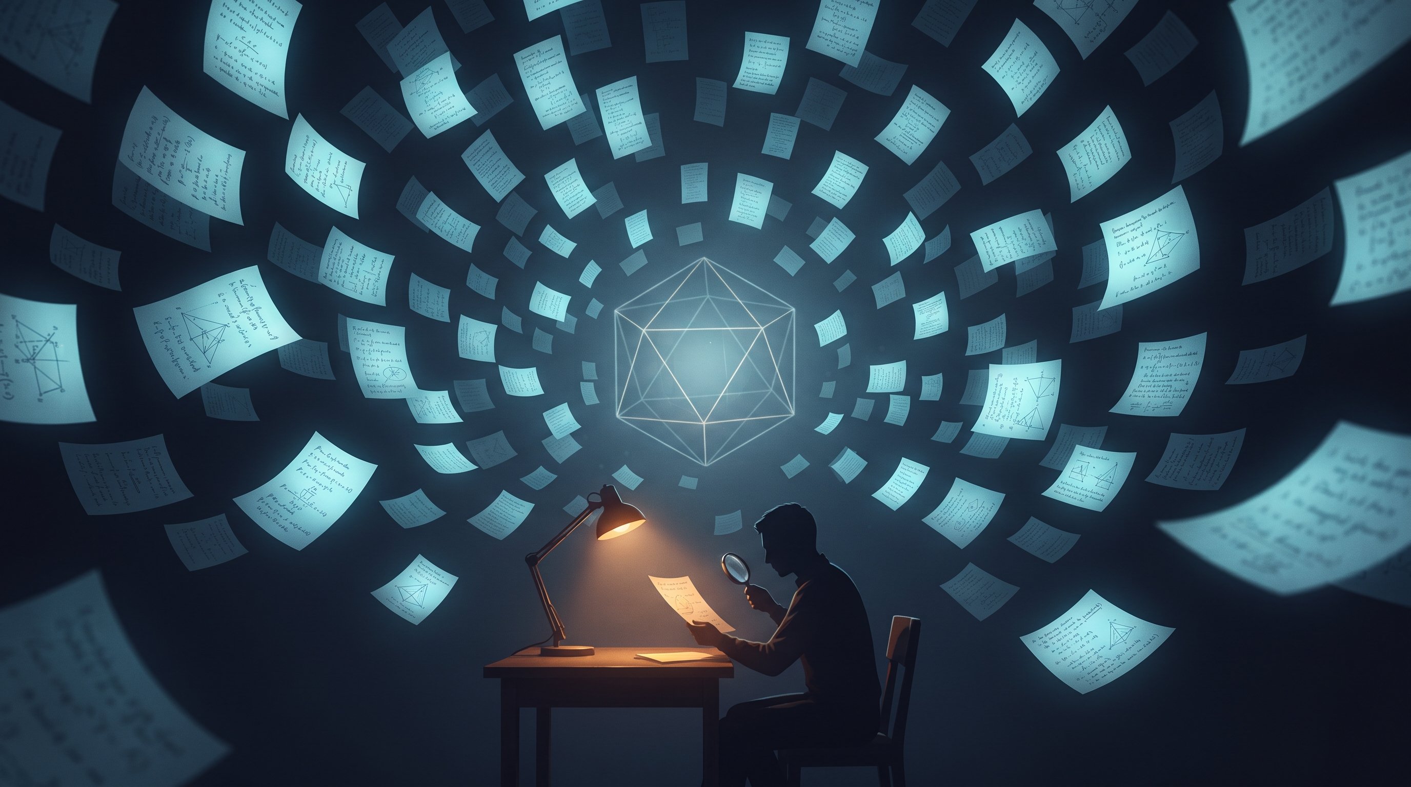 A man at a desk with a lamp studies a single sheet of paper through a magnifying glass, while hundreds of floating pages with formulas stream out of a glowing polyhedron