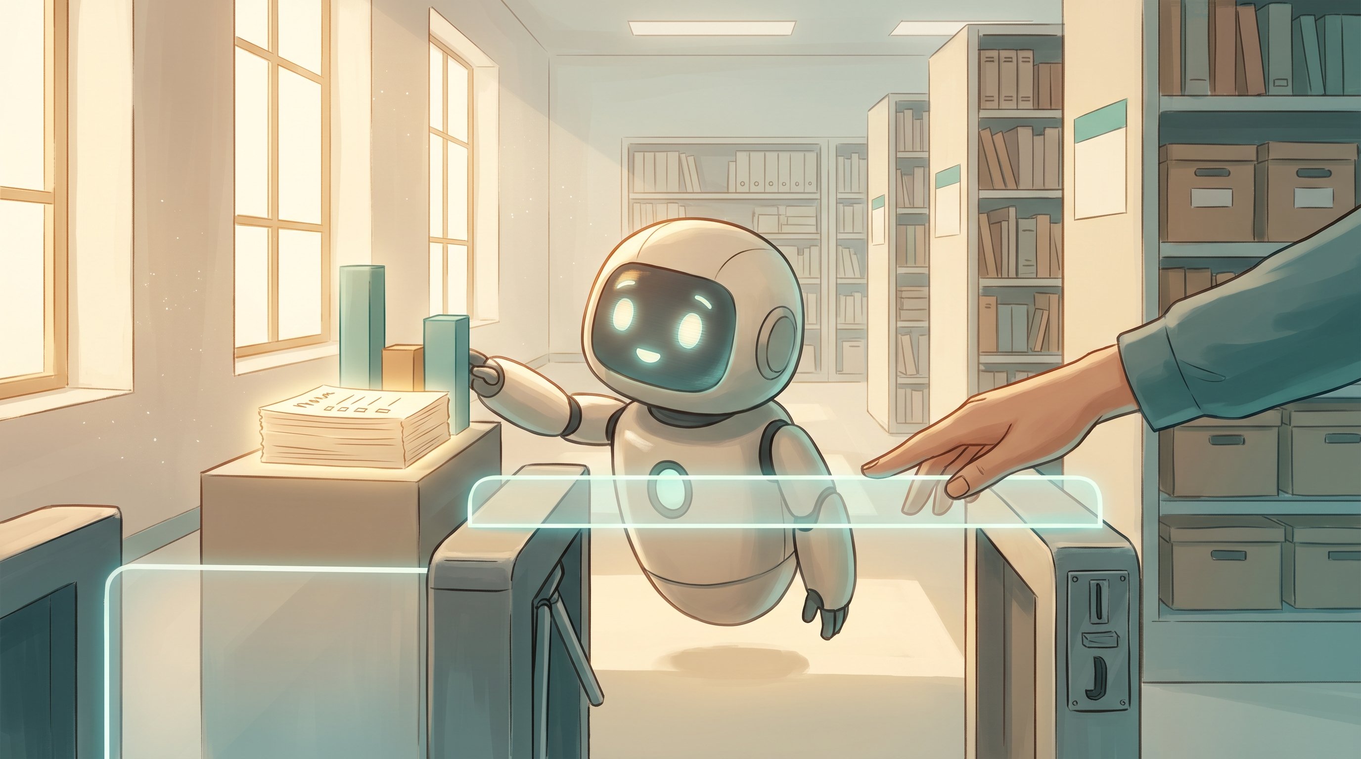 A friendly round robot stands between the posts of a coin-slot turnstile in a bright archive hall, reaching for a stack of tally sheets and bars. A human hand points to a glowing rail that marks a boundary.