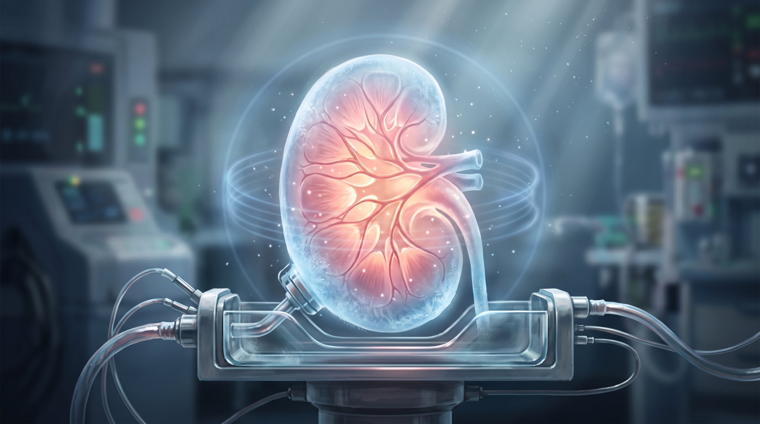A translucent, partly frosted kidney glowing pink and orange from within, with visible blood vessels. The kidney lies in a glass dish on a lab device with tubes, surrounded by blue rings of a magnetic field.