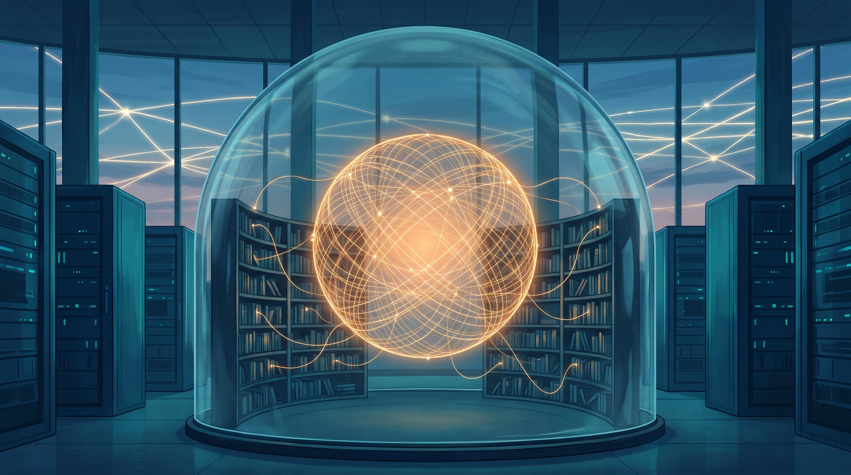 Closed glass dome in a server hall. Inside floats a glowing sphere of crossing amber threads of light; thin threads reach towards curved bookshelves. Outside the dome, lines of light run across the evening sky.