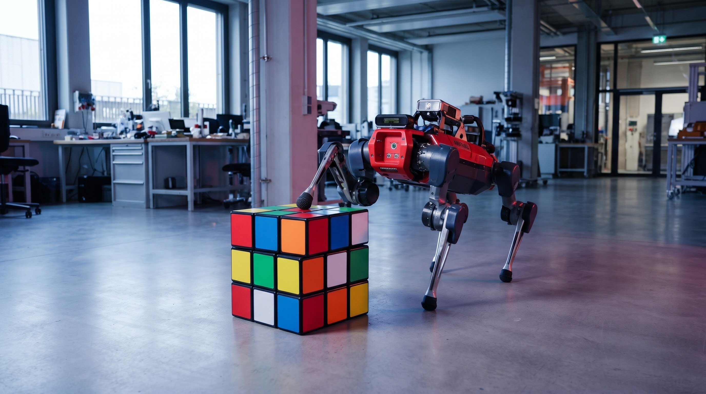 Grey four-legged robot in a lab places one front leg on top of a large, half-turned puzzle cube with coloured squares; the other three legs stand on the concrete floor.