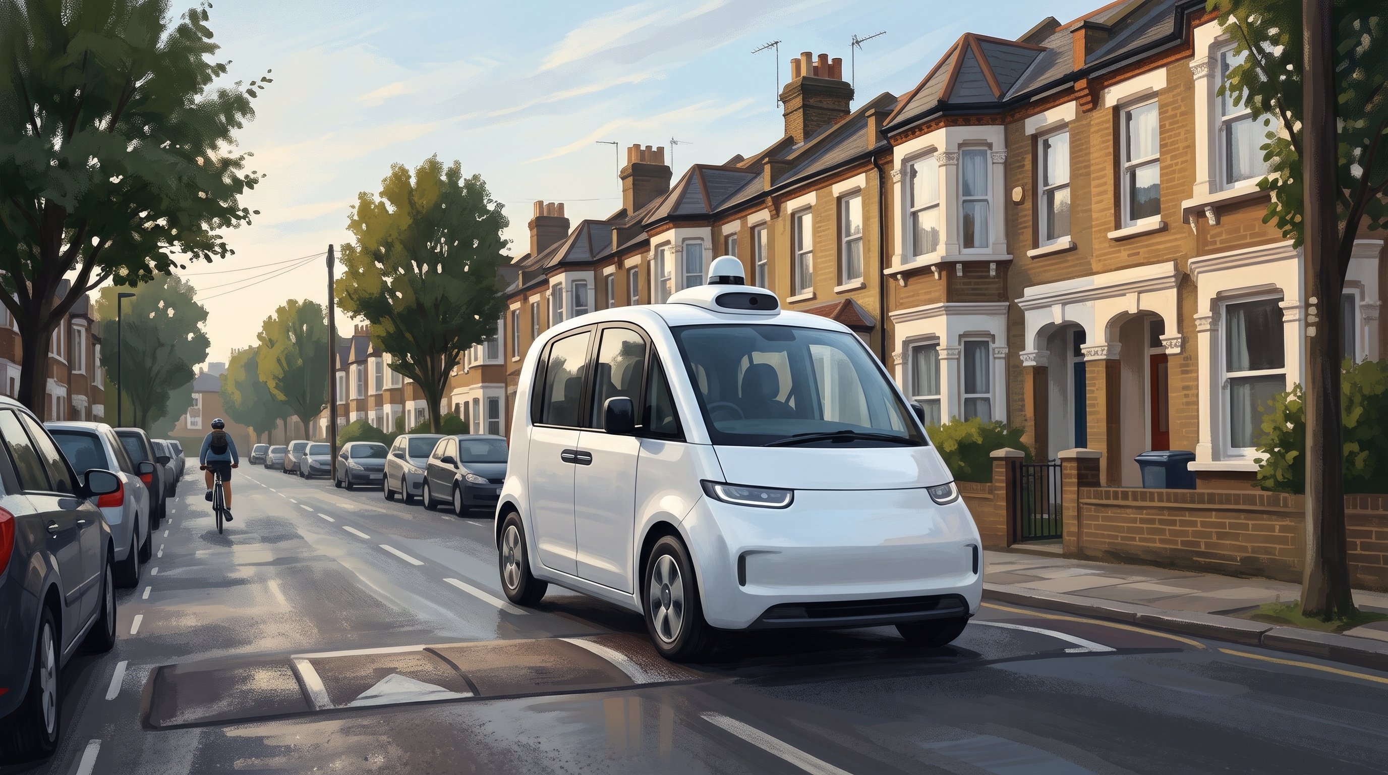 Painting of a small white self-driving taxi with a sensor dome on its roof driving over a speed bump on a London street of brick terraced houses, with parked cars on the left and a cyclist in the distance.