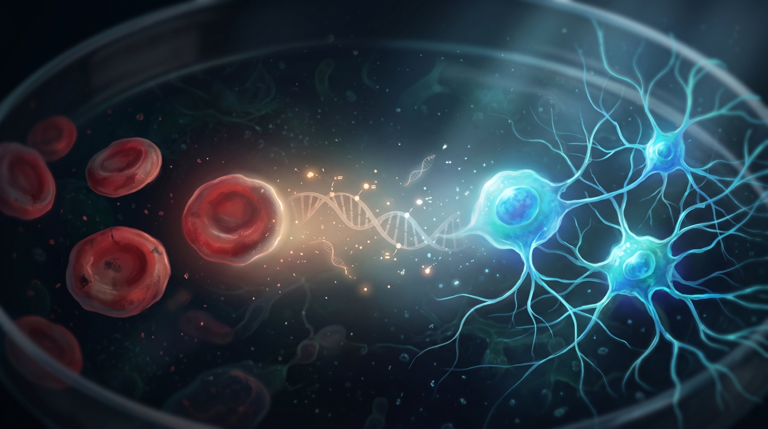 In a Petri dish, brownish-red aged blood cells on the left pass via a DNA strand with coloured markings into bright blue, branching neural cells on the right