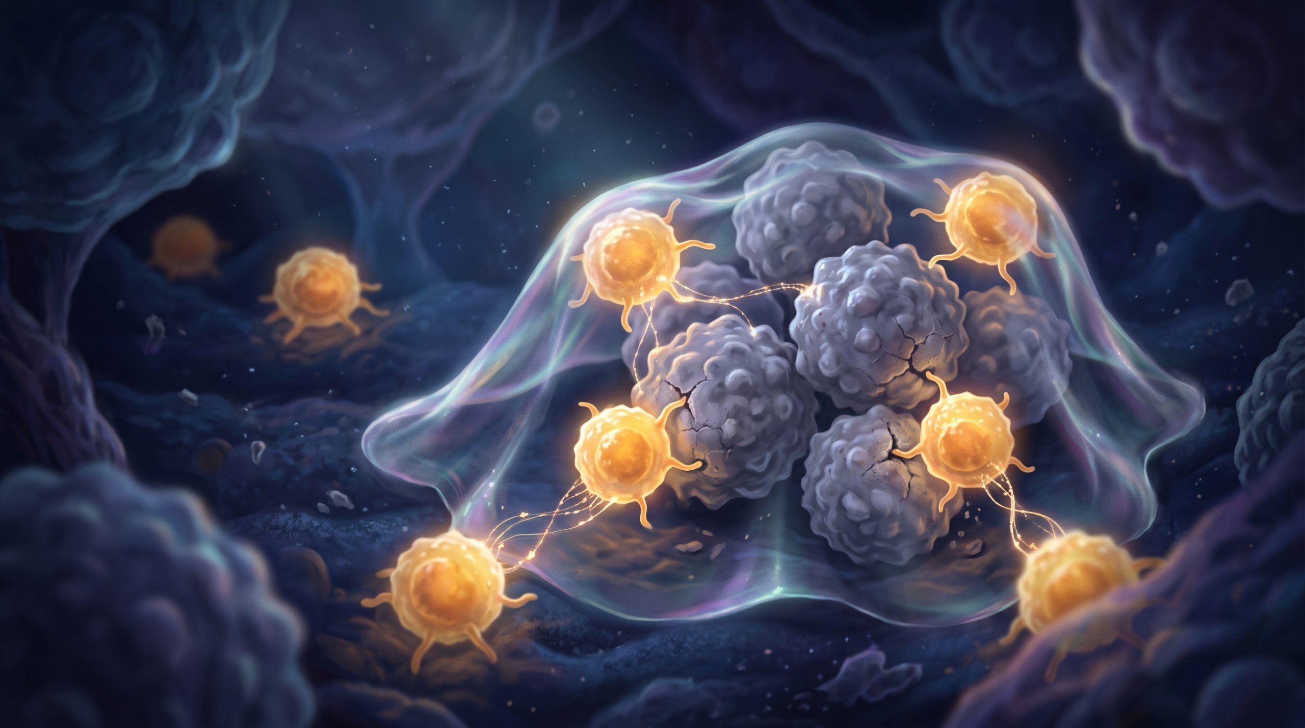 Grey cancer cells hide under a transparent, glittering veil; glowing golden-yellow immune cells push through it, attach to the cancer cells with threads of light, and the cancer cells begin to burst