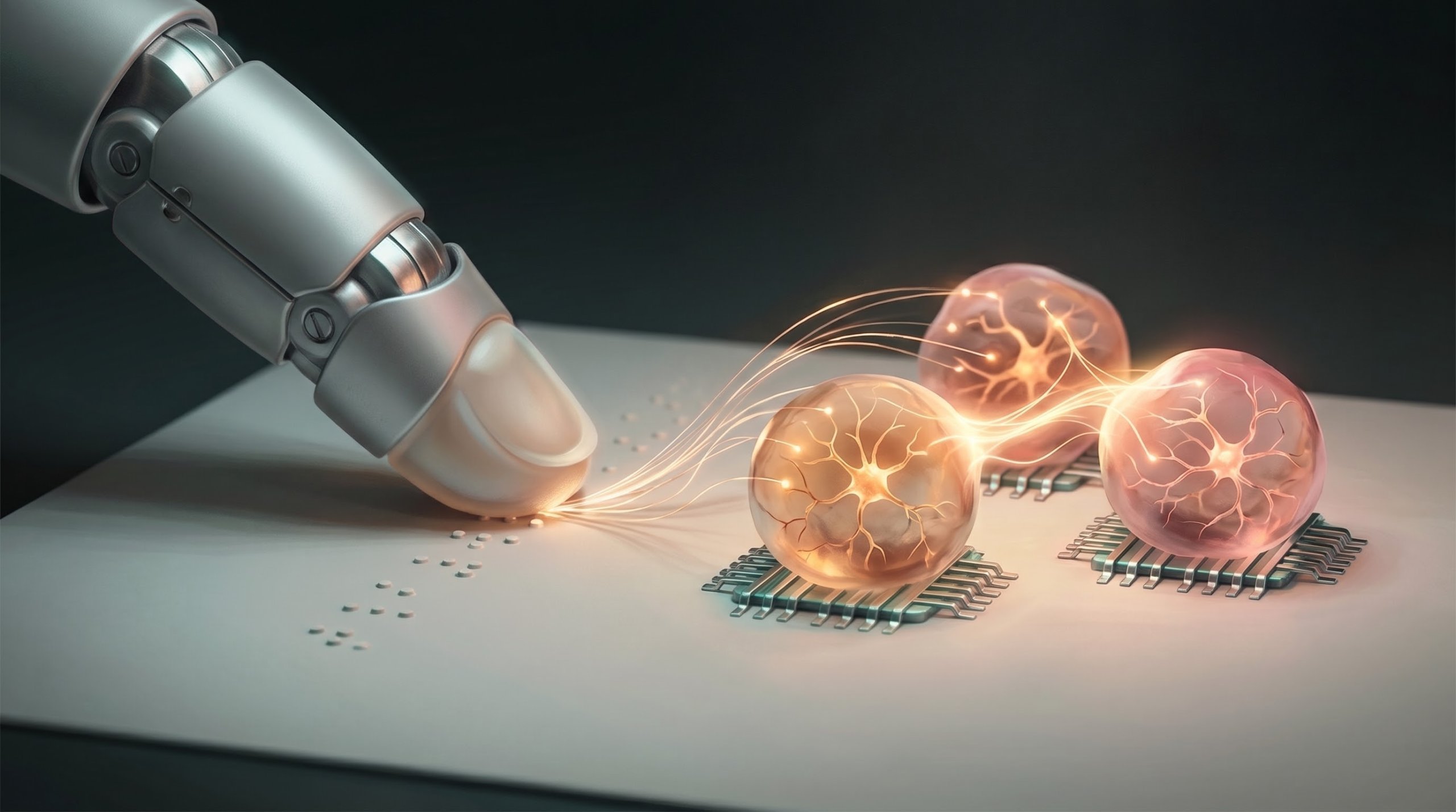 A silver robotic finger with a soft, light-coloured pad as its tip feels braille dots. From the fingertip, glowing threads of light run to three translucent balls of brain tissue, each on a grid of electrodes.
