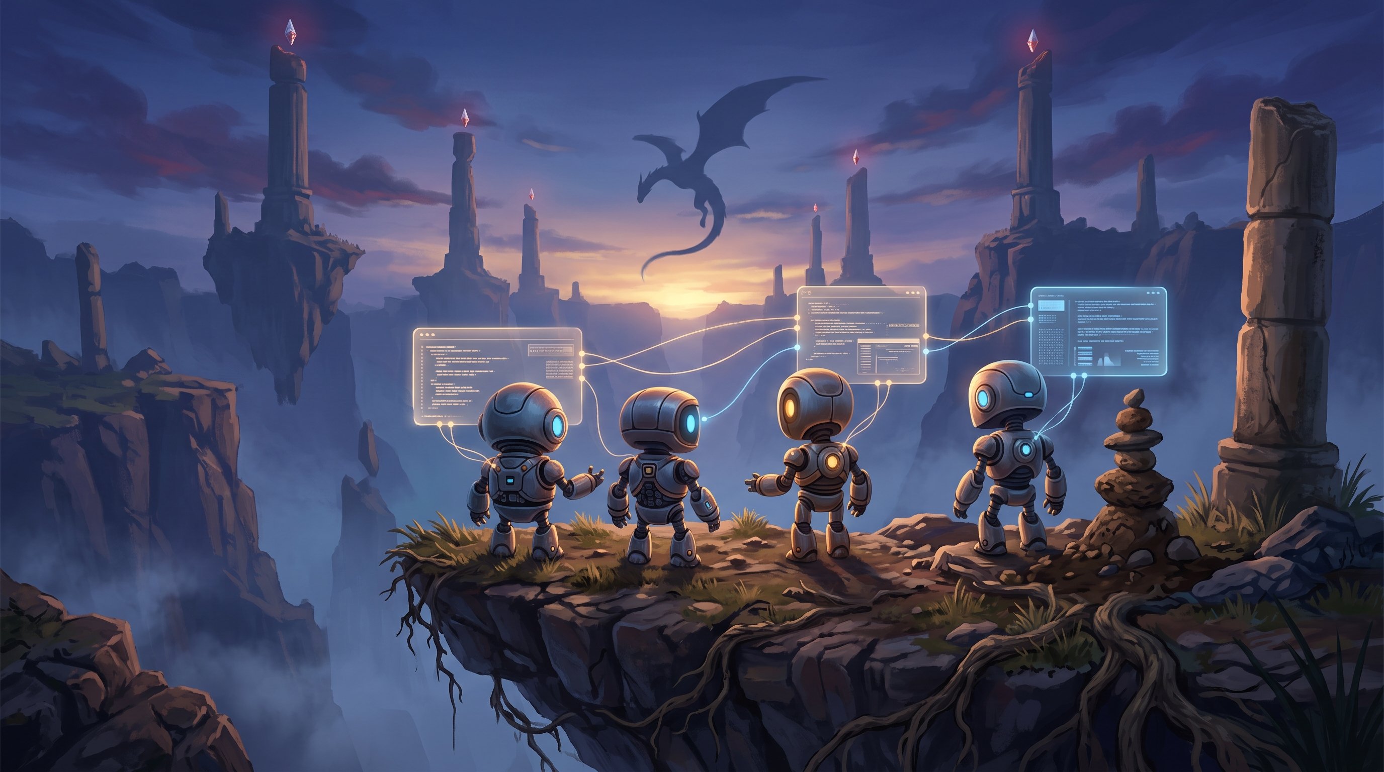 Painting of four small robots with glowing eyes on a rocky cliff edge at dusk, linked by floating screens of code, while a dragon flies between tall stone pillars topped with red crystals.