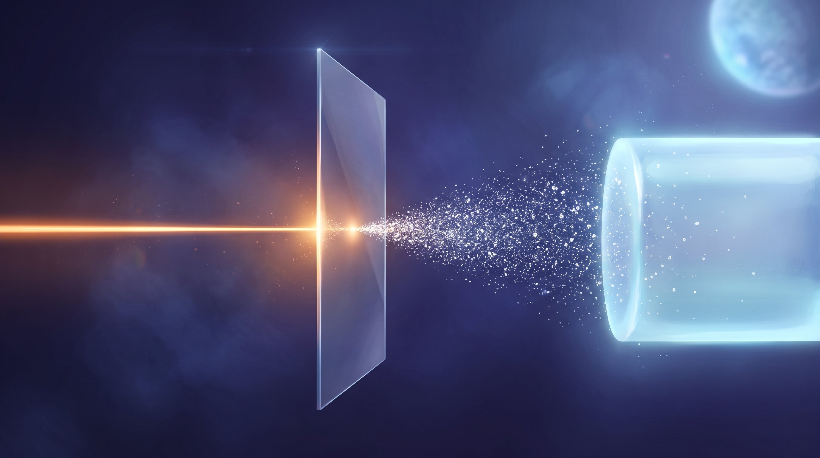 An orange laser beam hits an upright transparent sheet. From the back, a cloud of small glowing particles sprays towards a glass cylinder against a dark blue background.