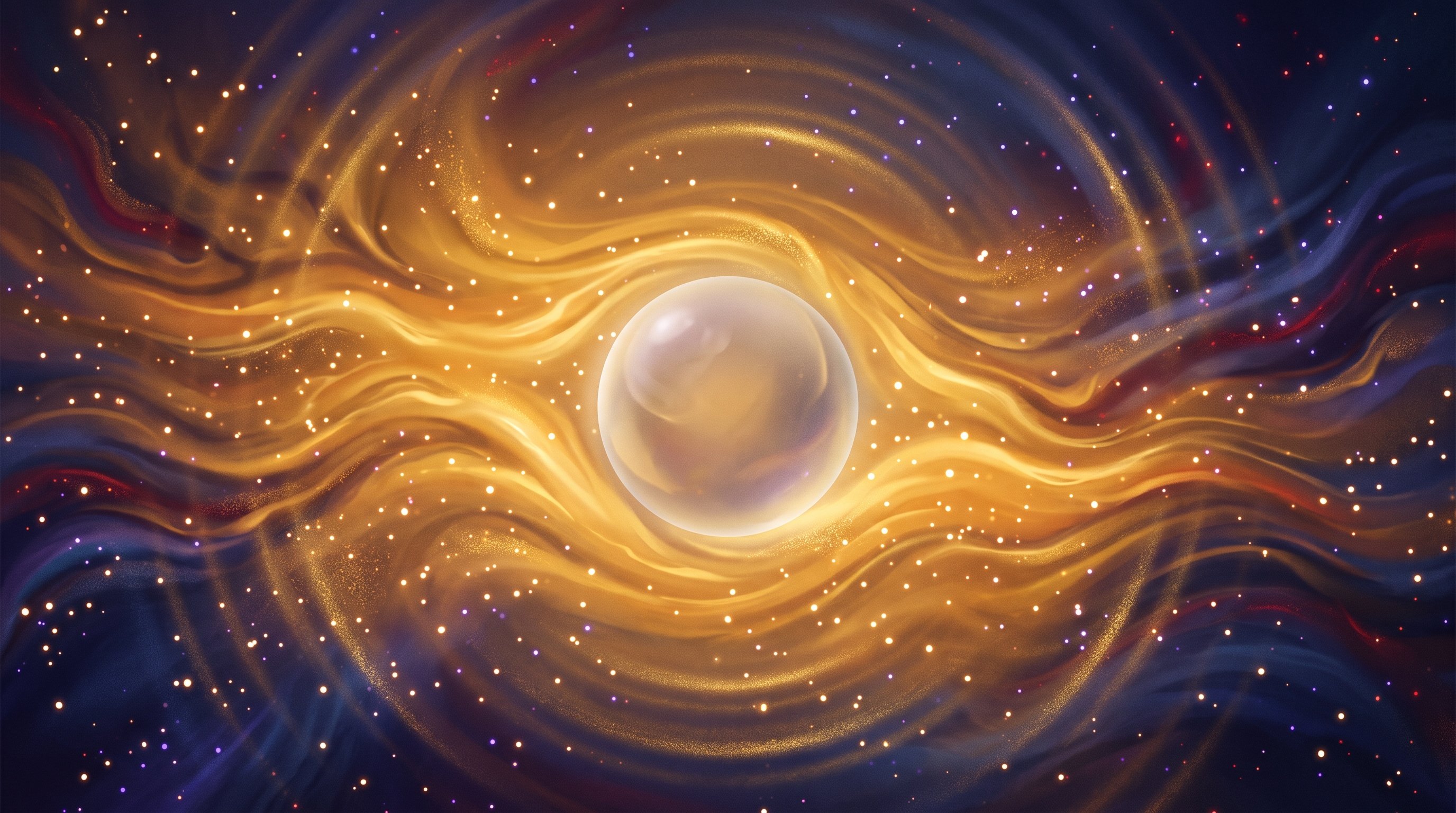 A translucent, shiny sphere stands in the centre between swirling paths of golden light and glittering stars against a dark background.