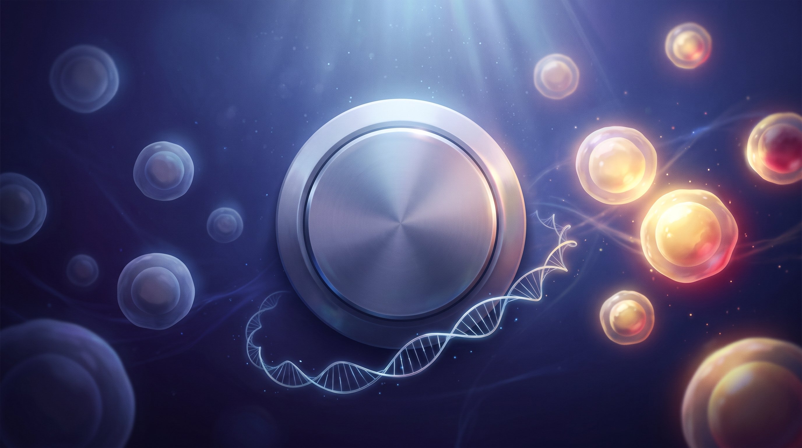 A large silver dial in a blue space, with a thin DNA strand around the base. Dull, grey-blue cells float on the left, while cells glow warm yellow and orange on the right.