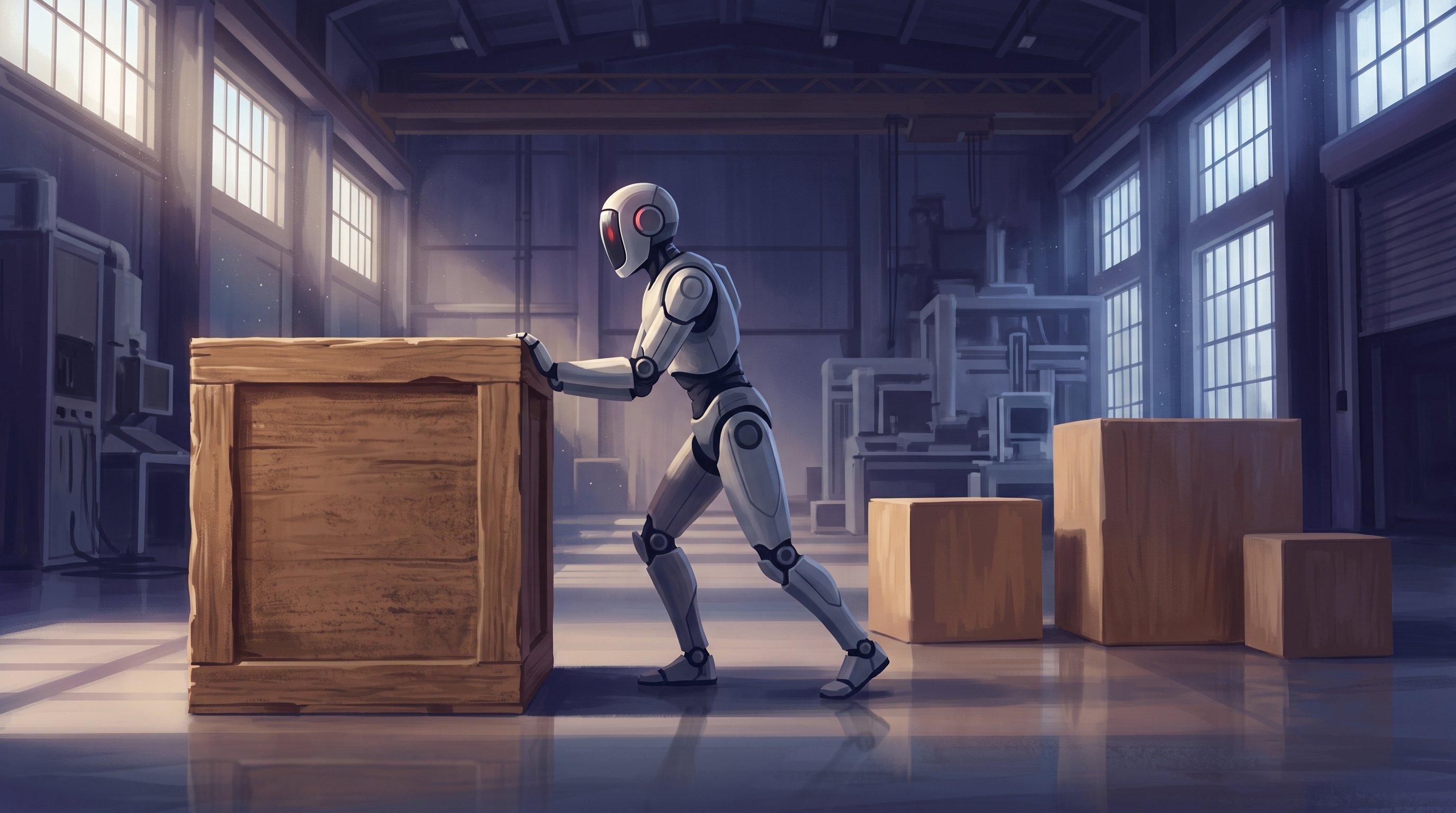 A grey and white humanoid robot with a dark visor leans forward and, with bent knees, pushes a large wooden crate across the floor of a bright factory hall. Three brown crates stand on the right.