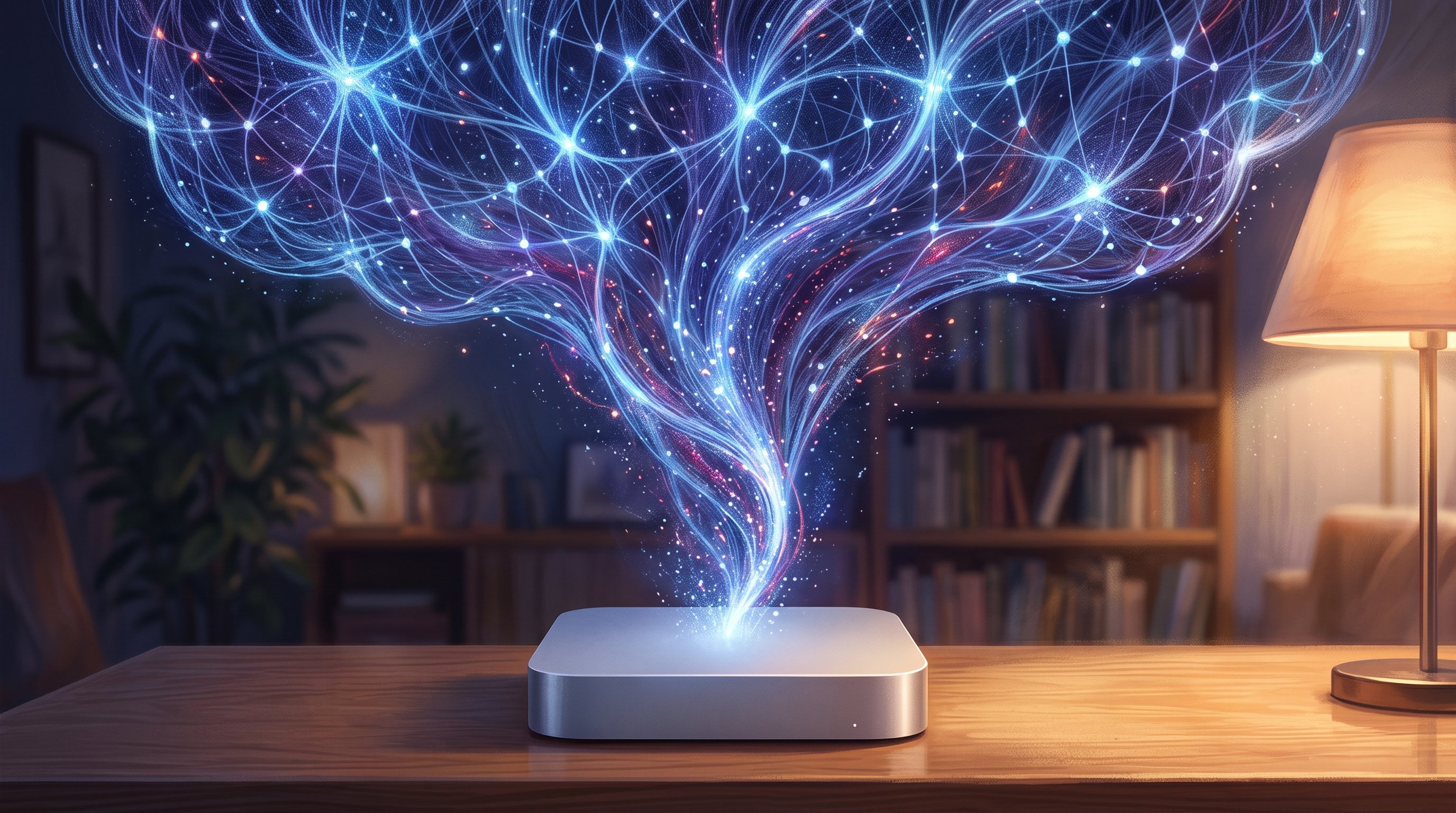 A cloud of glowing blue and purple threads and points of light, like a network, flows down like a funnel into a small silver box on a wooden desk, with a bookcase and a lit lamp in the background.