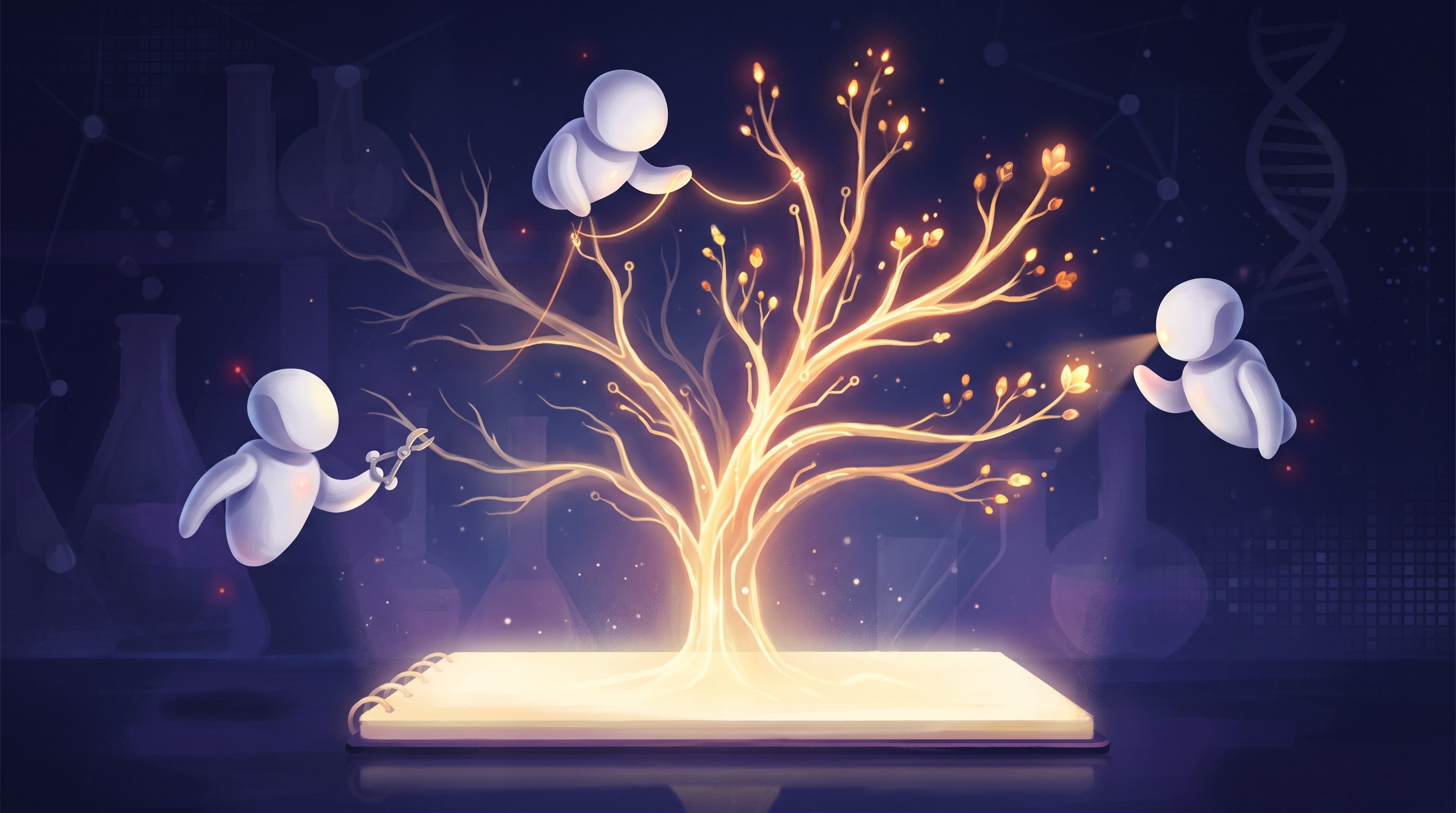 A glowing golden tree grows out of a luminous notebook; three small white, round robots without faces cut away a dead branch, connect two branches with a thread of light and examine a bud. In the background, faint laboratory glassware and a DNA strand.