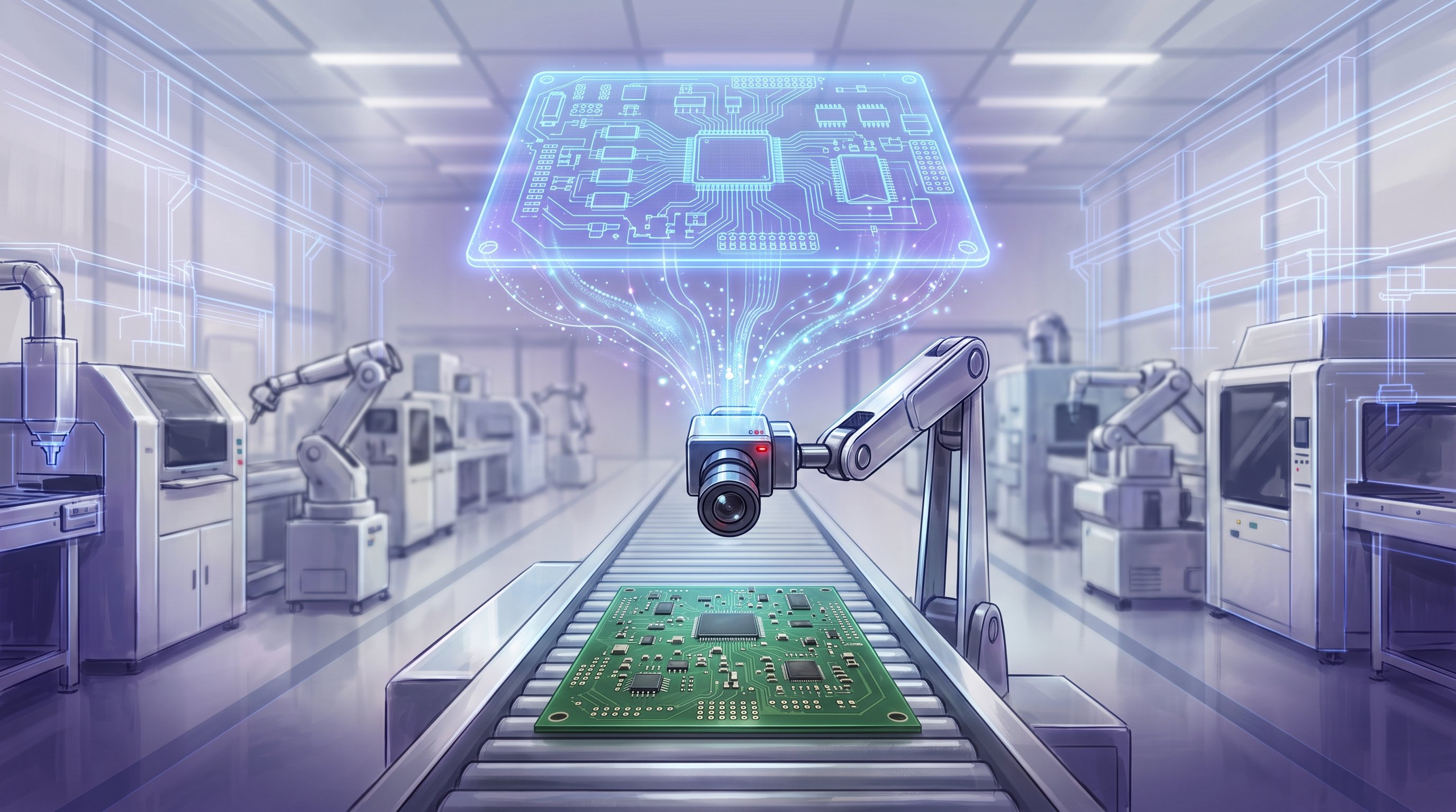 A green circuit board lies on a conveyor belt in a bright factory hall under a camera on a robot arm. Above it floats a glowing blue copy of the circuit board, from which beams of light flow to the camera. Machines and robot arms stand to the side.