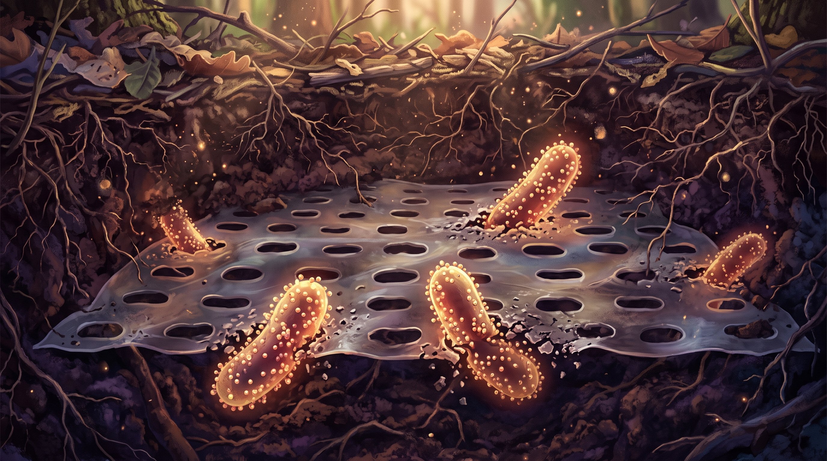 Cross-section of forest soil with leaves and roots; in the middle lies a transparent plastic film full of oval holes, through which orange glowing rod-shaped bacteria with beads on their outside are eating their way.