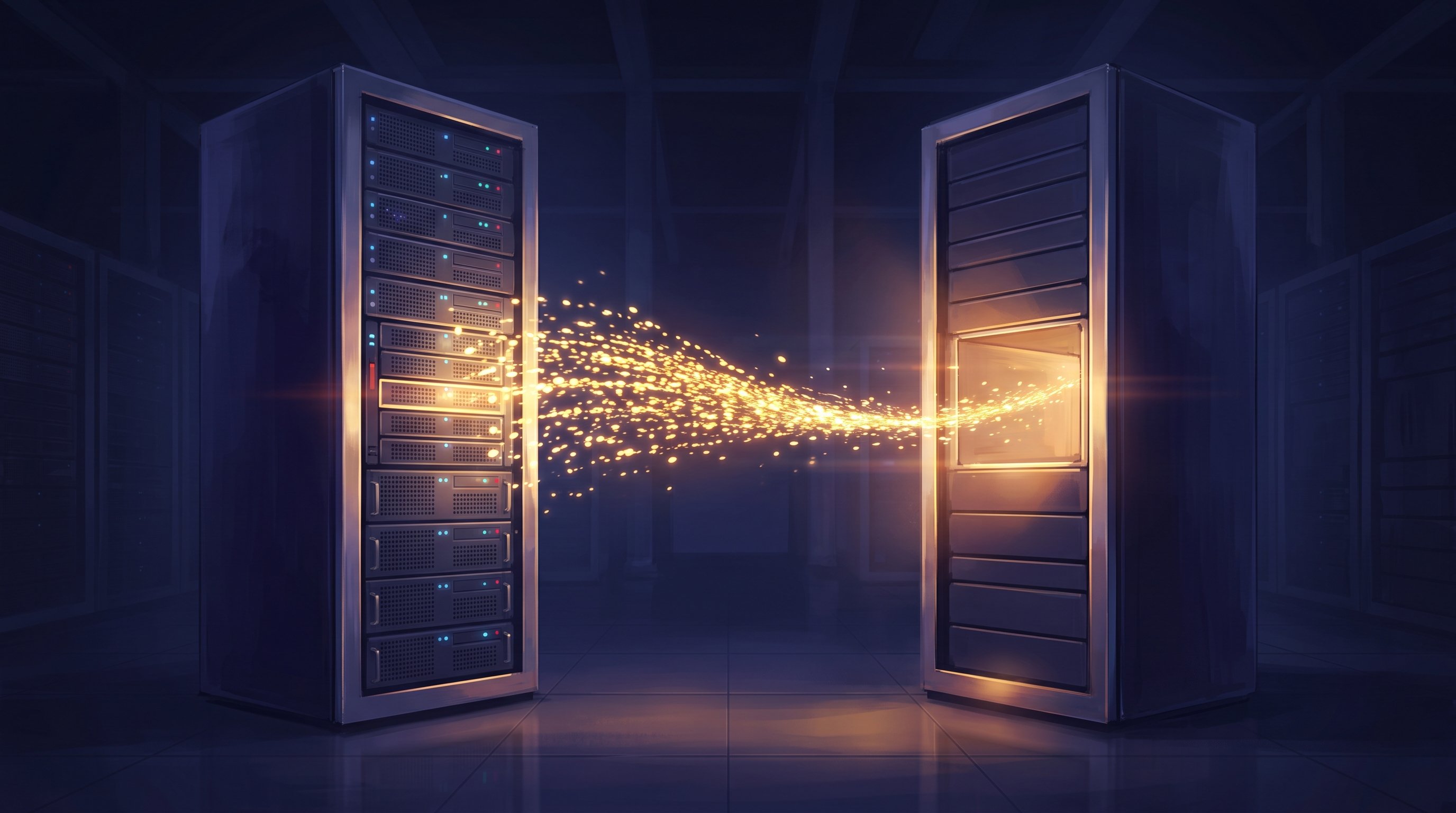 Two server cabinets facing each other in a dark data hall; a stream of golden light particles flows from the left cabinet to a lit, empty slot that is already open in the right cabinet.