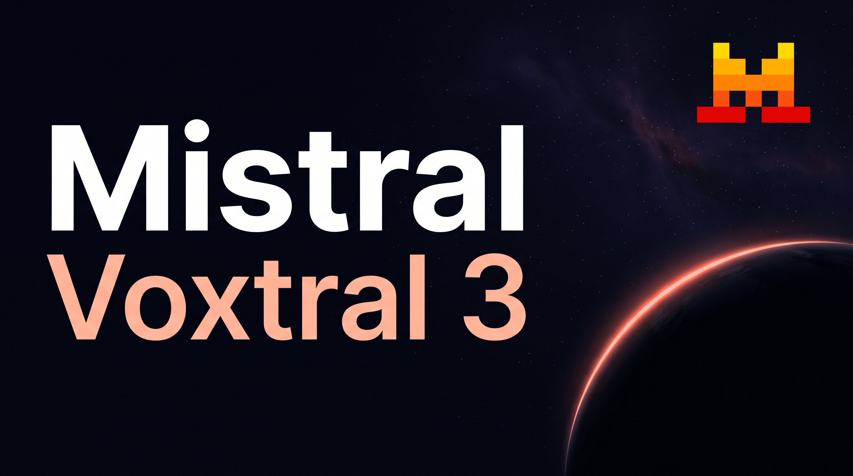 Title card with 'Mistral' in large white letters and below it 'Voxtral 3' in soft orange, against a dark starry sky with a planet with a glowing orange edge at the bottom right and the Mistral AI logo at the top right.