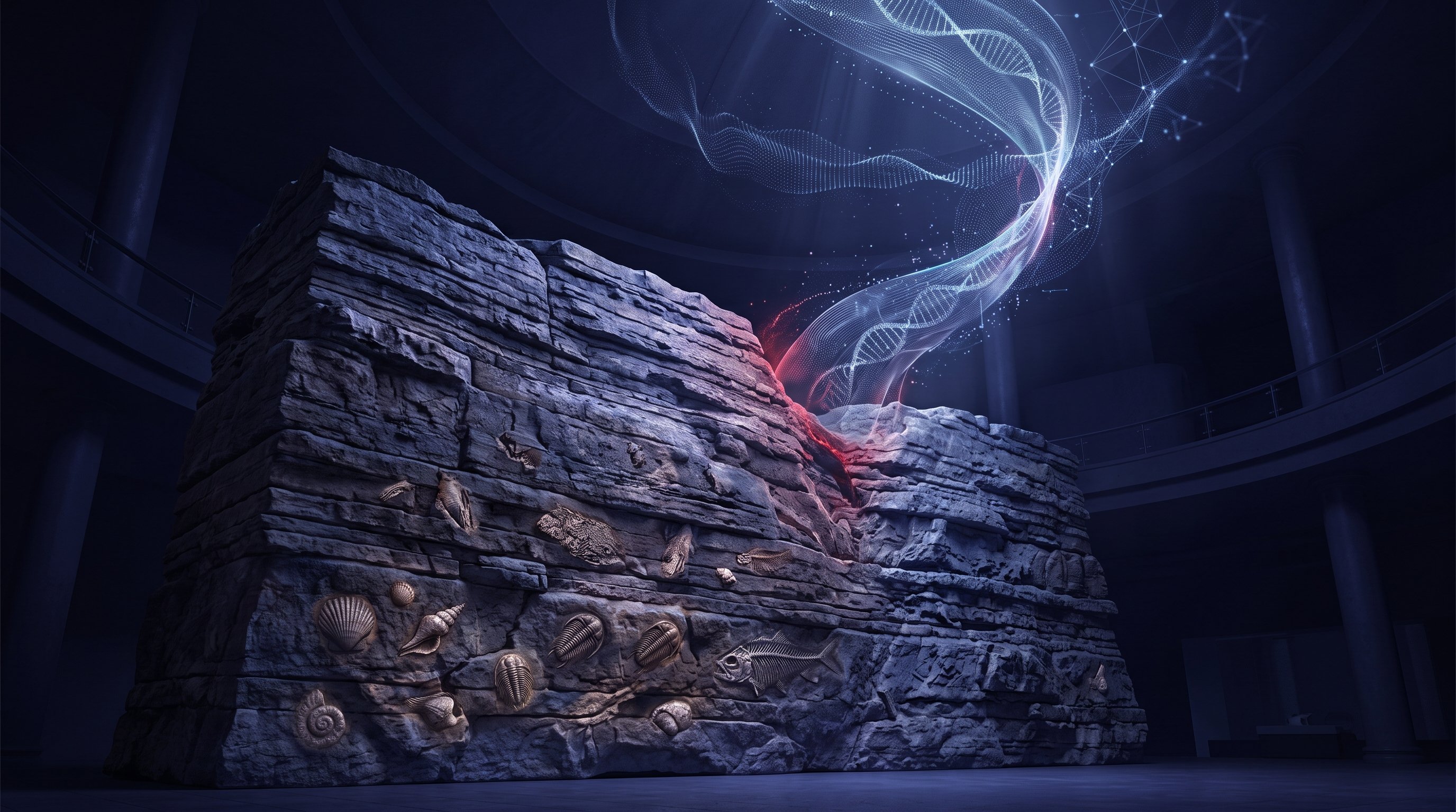 A cross-section of layered sedimentary rock with fossils of shells, trilobites and fish, some of whose silhouettes slowly fade, with a softly glowing holographic ribbon above rising into the darkness.