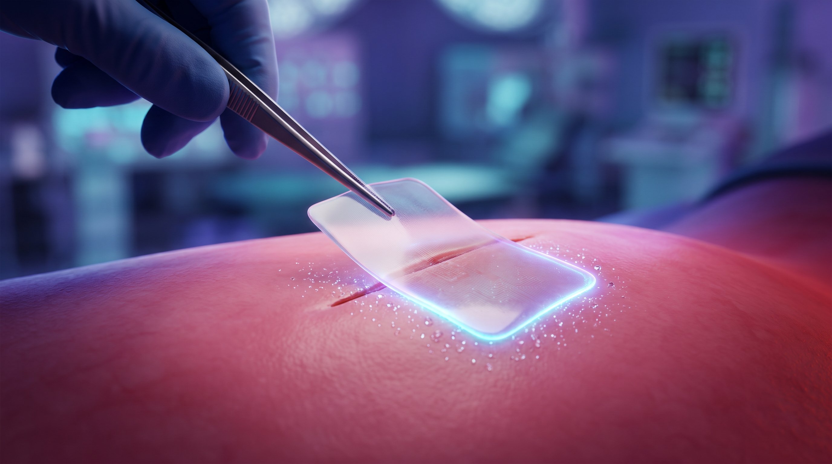 A hand in a blue glove uses tweezers to place a transparent patch on a cut in pink tissue; the edge of the patch glows blue and small water droplets lie around it, in a blurred operating theatre.